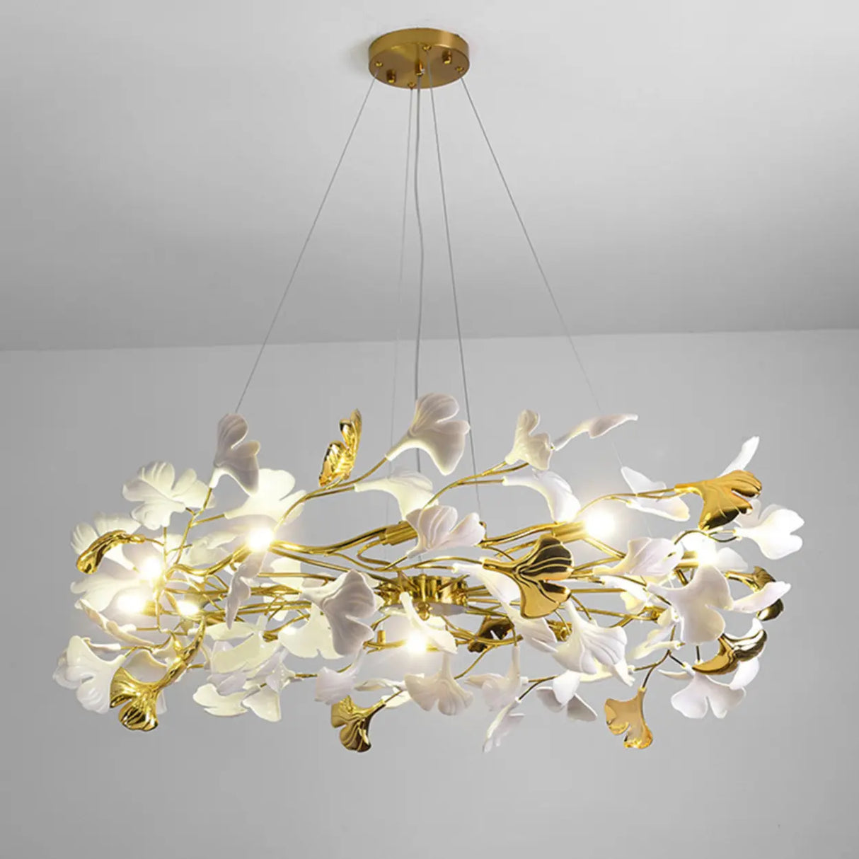Elegant Gold Branch Circle Ginkgo Leaf Chandelier Image - 2