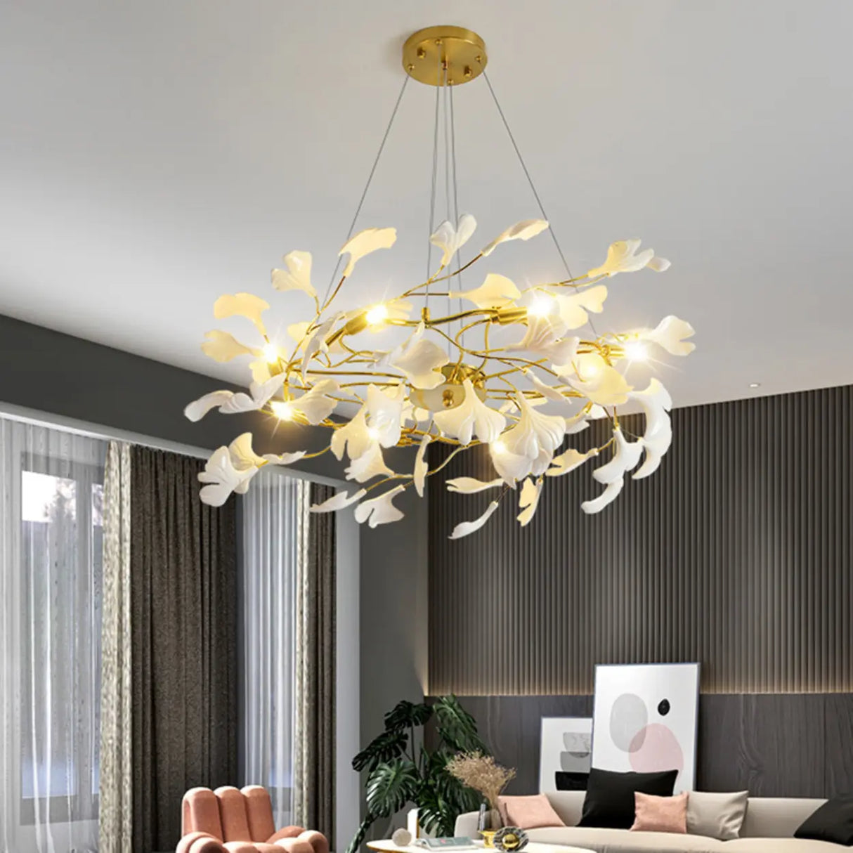 Elegant Gold Branch Circle Ginkgo Leaf Chandelier Image - 3