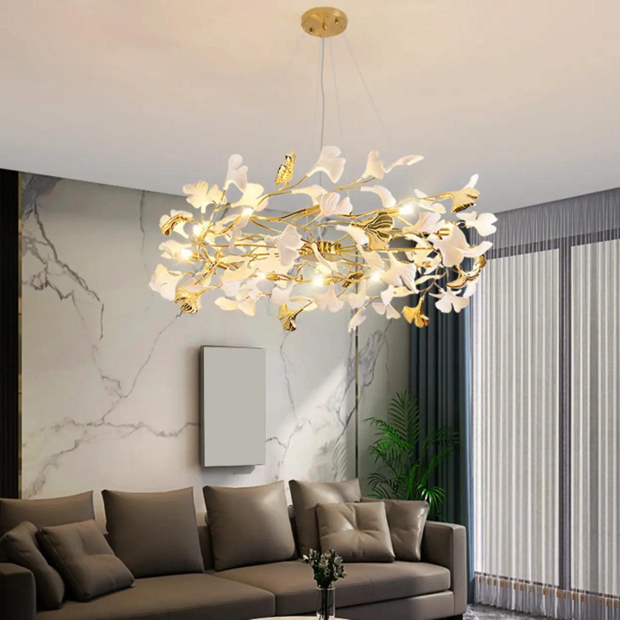 Elegant Gold Branch Circle Ginkgo Leaf Chandelier Image - 4