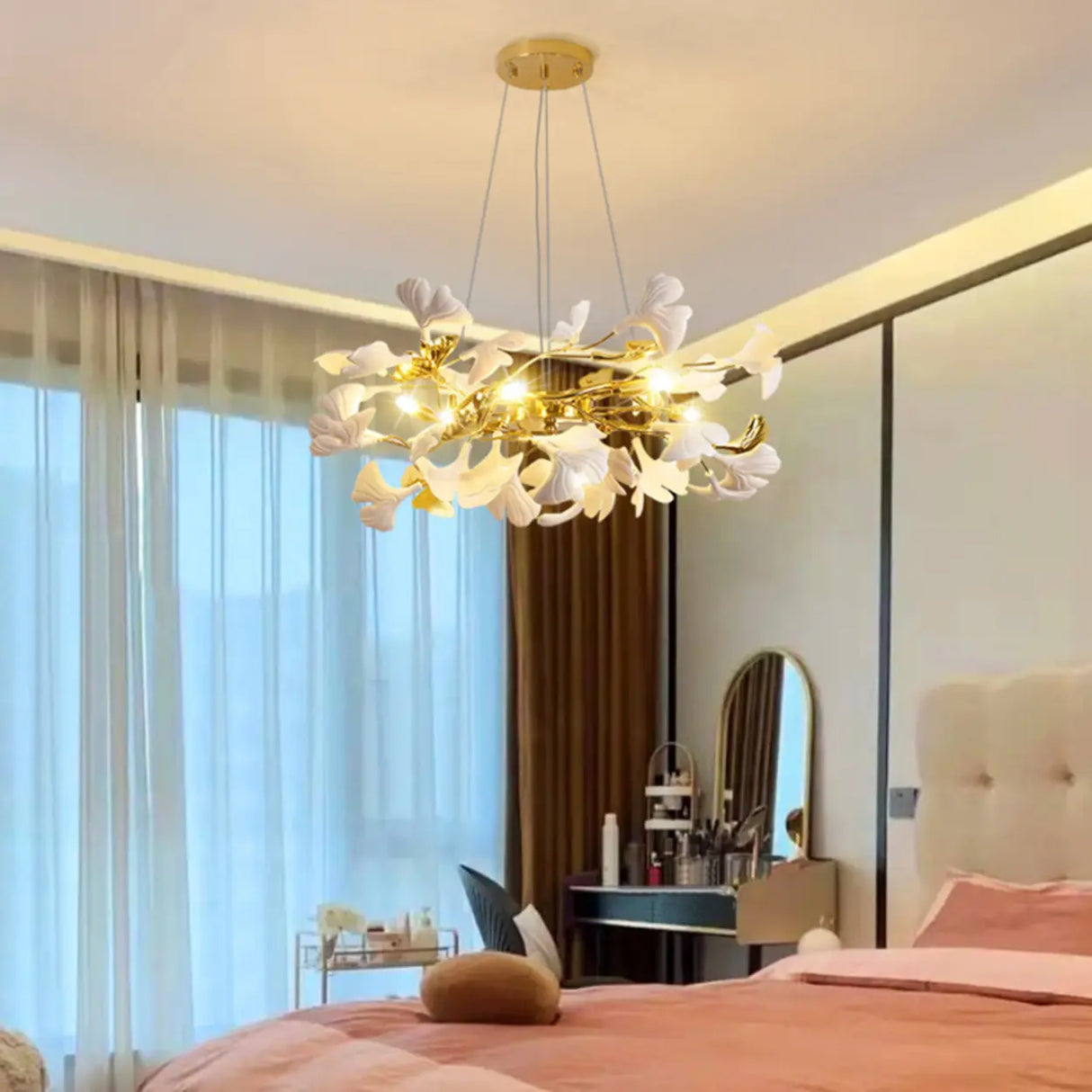 Elegant Gold Branch Circle Ginkgo Leaf Chandelier Image - 5