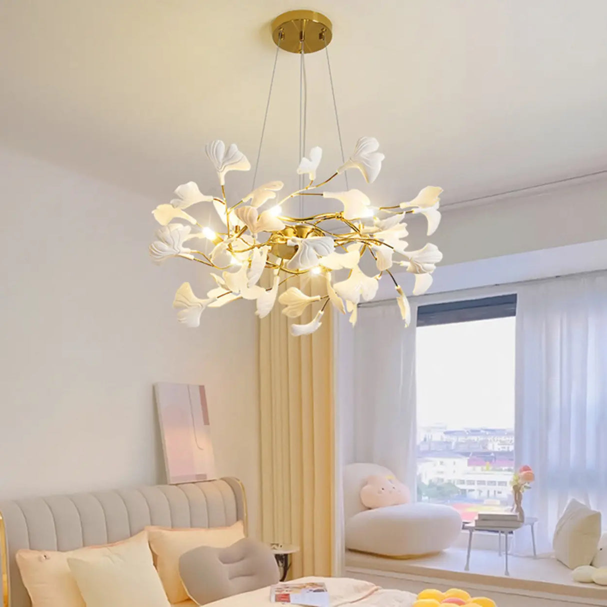 Elegant Gold Branch Circle Ginkgo Leaf Chandelier Image - 6