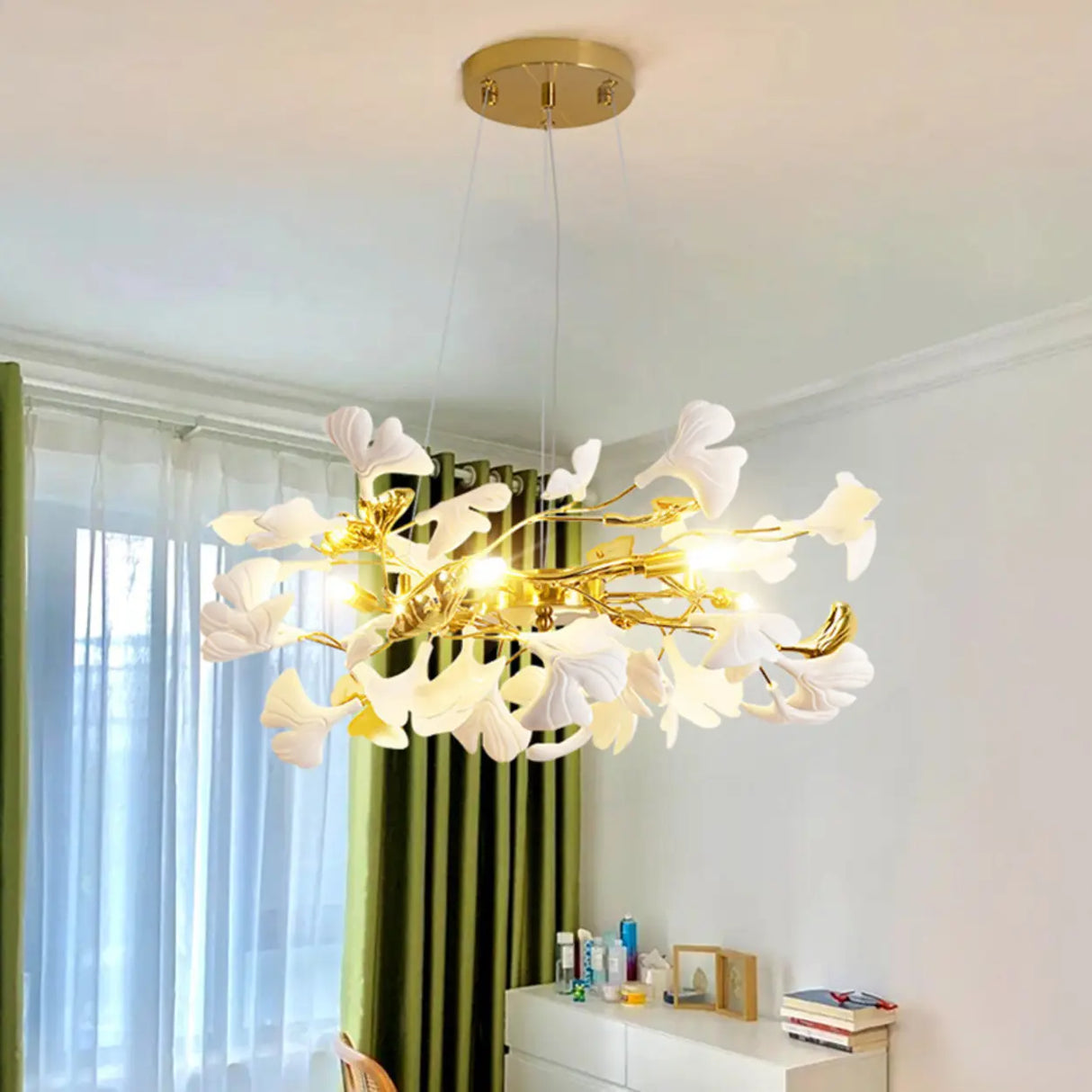 Elegant Gold Branch Circle Ginkgo Leaf Chandelier Image - 7