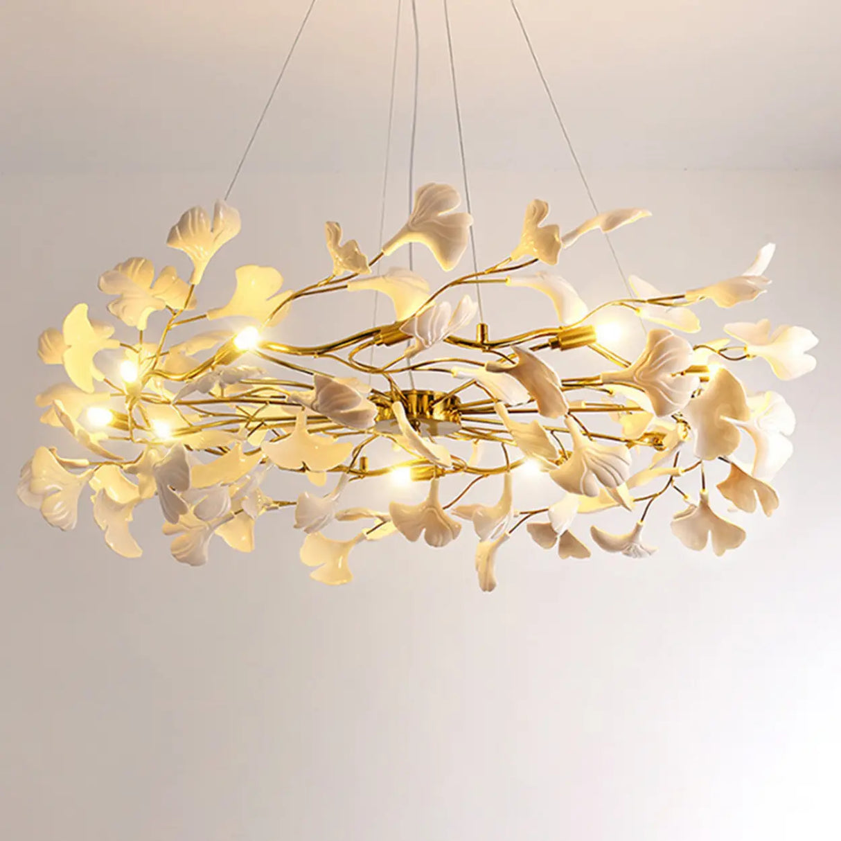 Elegant Gold Branch Circle Ginkgo Leaf Chandelier Image - 9