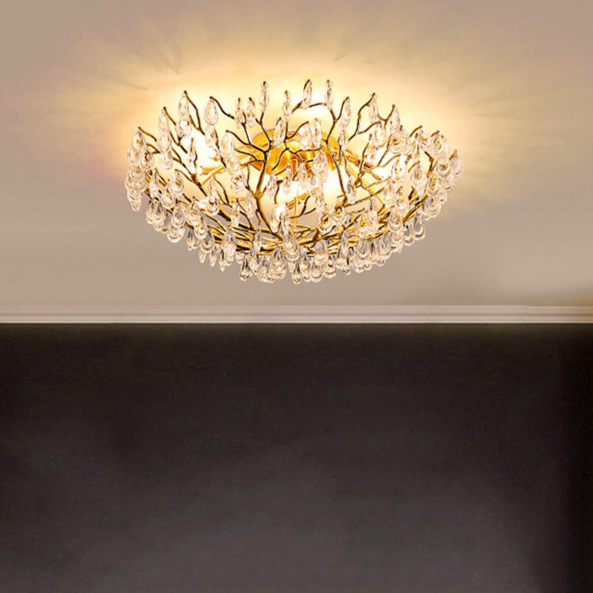 Elegant Gold Finish Crystal Branch Flush Mount Light Image - 1