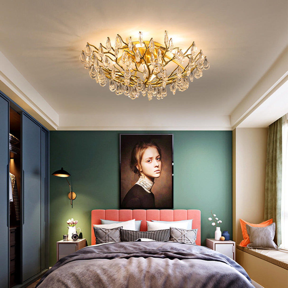 Elegant Gold Finish Crystal Branch Flush Mount Light Image - 2