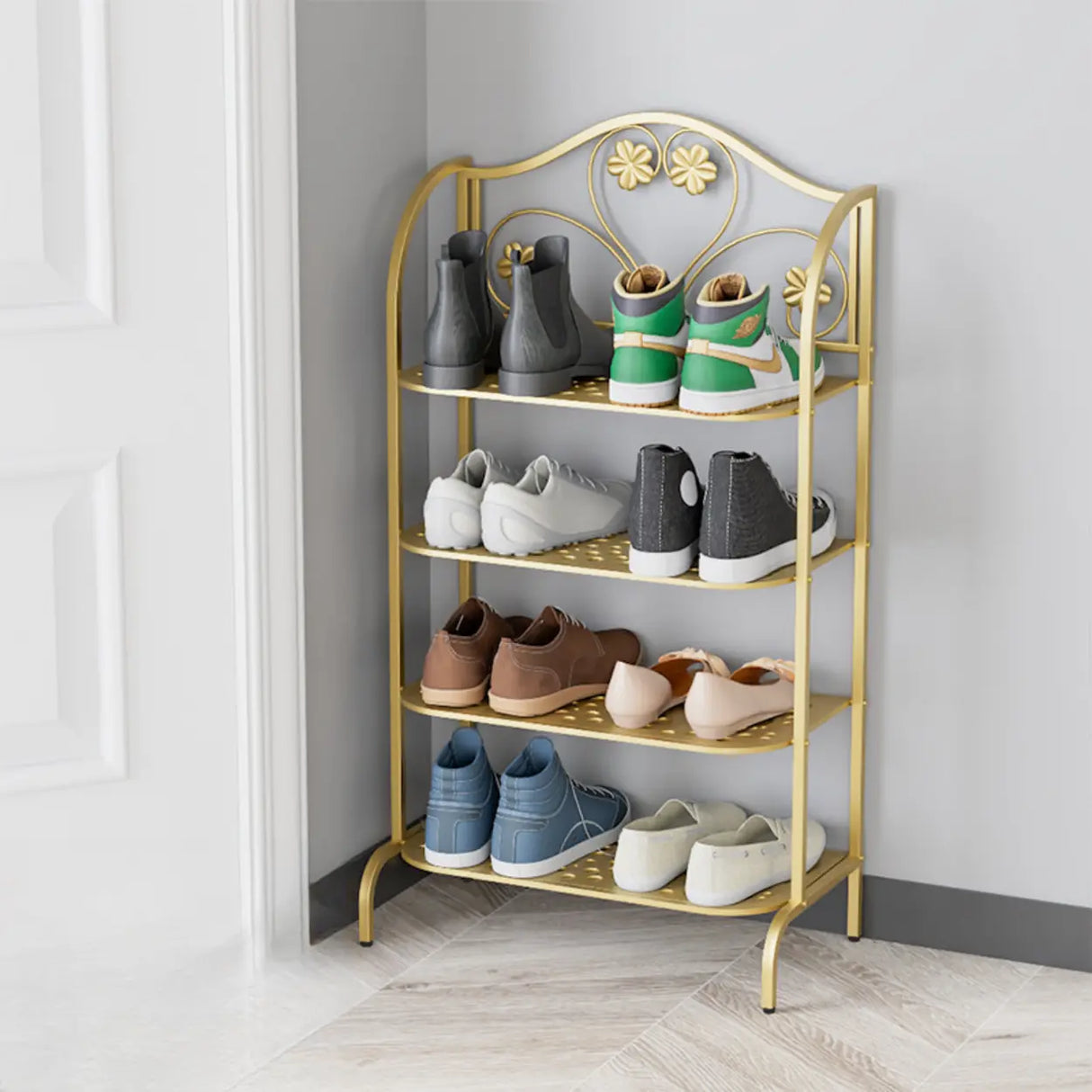 Elegant Gold Metal Floor Shoe Rack 4-Tier Storage Shelf Image - 10
