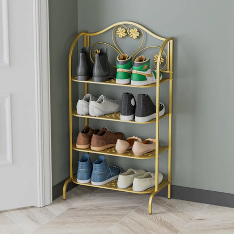 Elegant Gold Metal Floor Shoe Rack 4-Tier Storage Shelf Image - 1