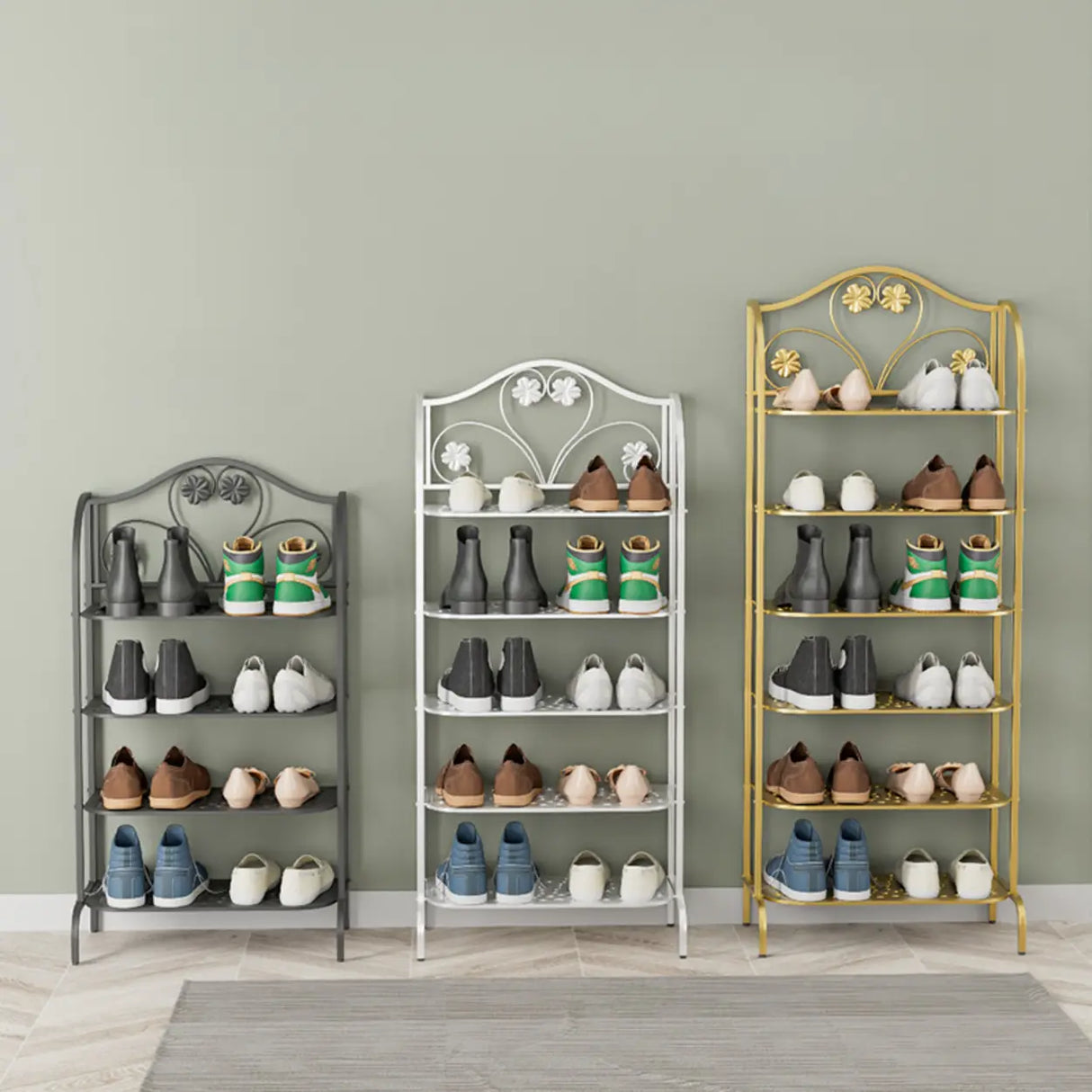 Elegant Gold Metal Floor Shoe Rack 4-Tier Storage Shelf Image - 2