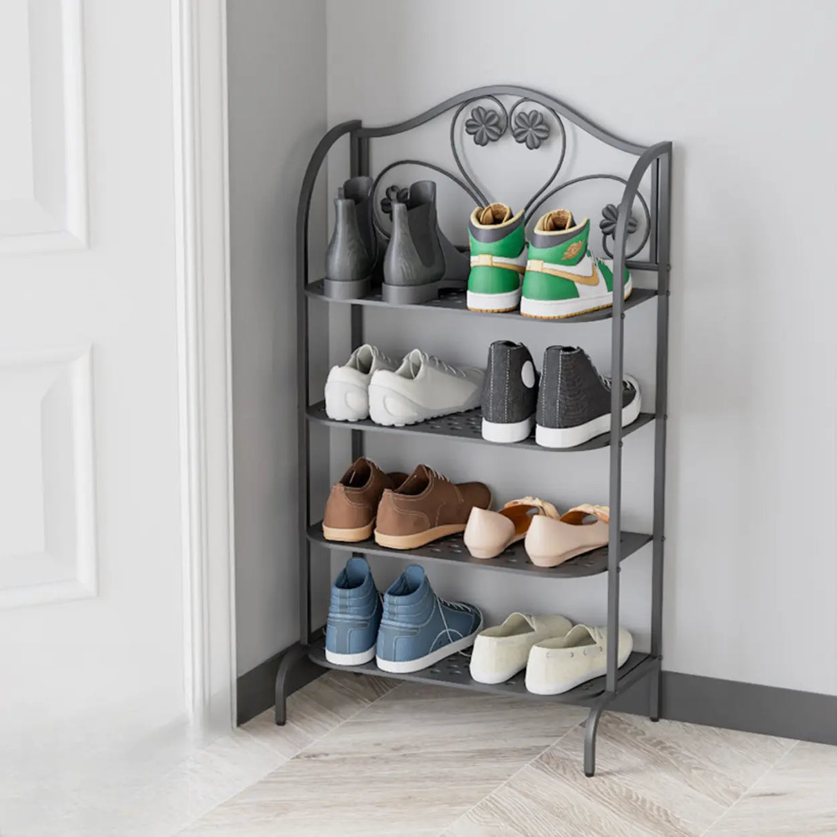 Elegant Gold Metal Floor Shoe Rack 4-Tier Storage Shelf Image - 4