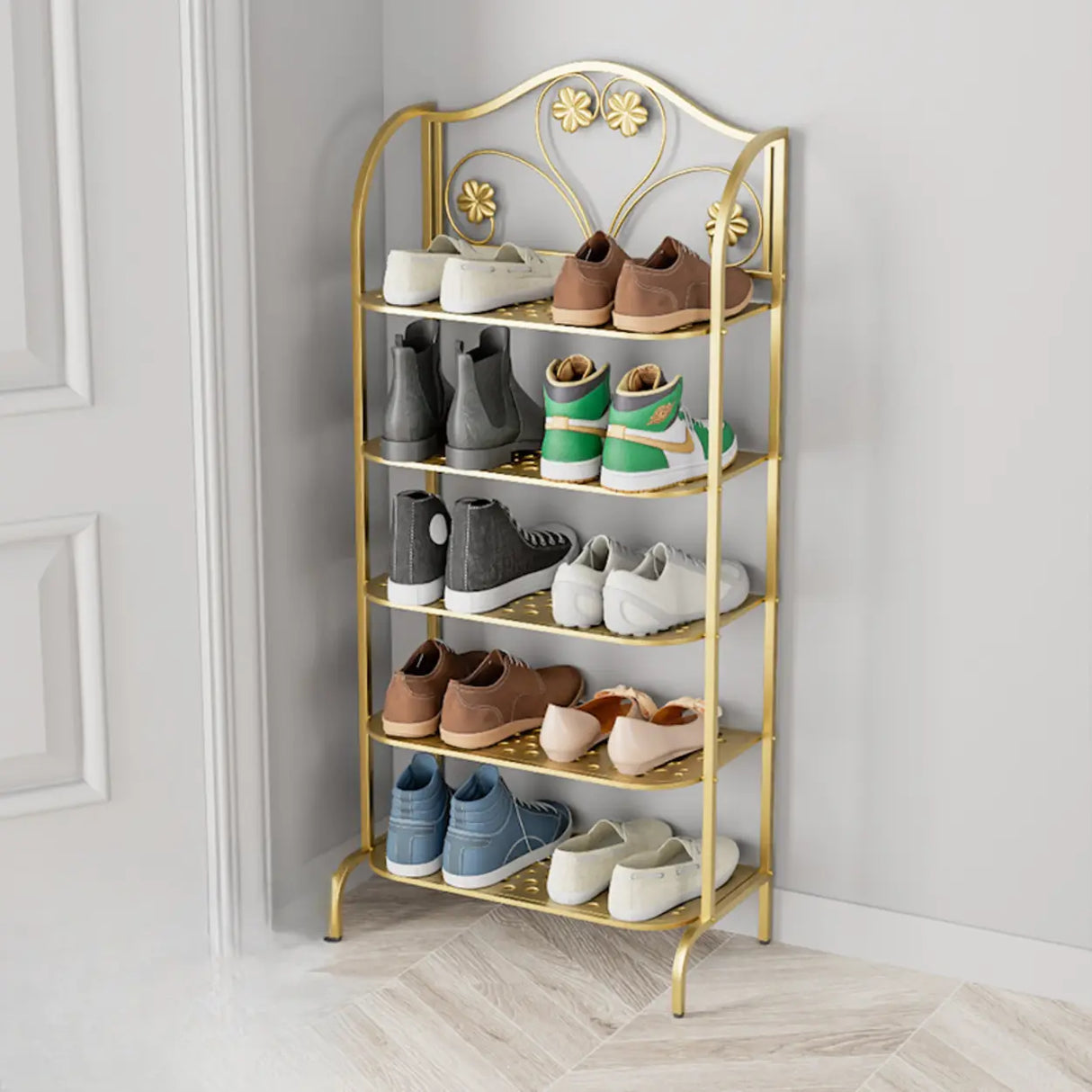 Elegant Gold Metal Floor Shoe Rack 4-Tier Storage Shelf Image - 5