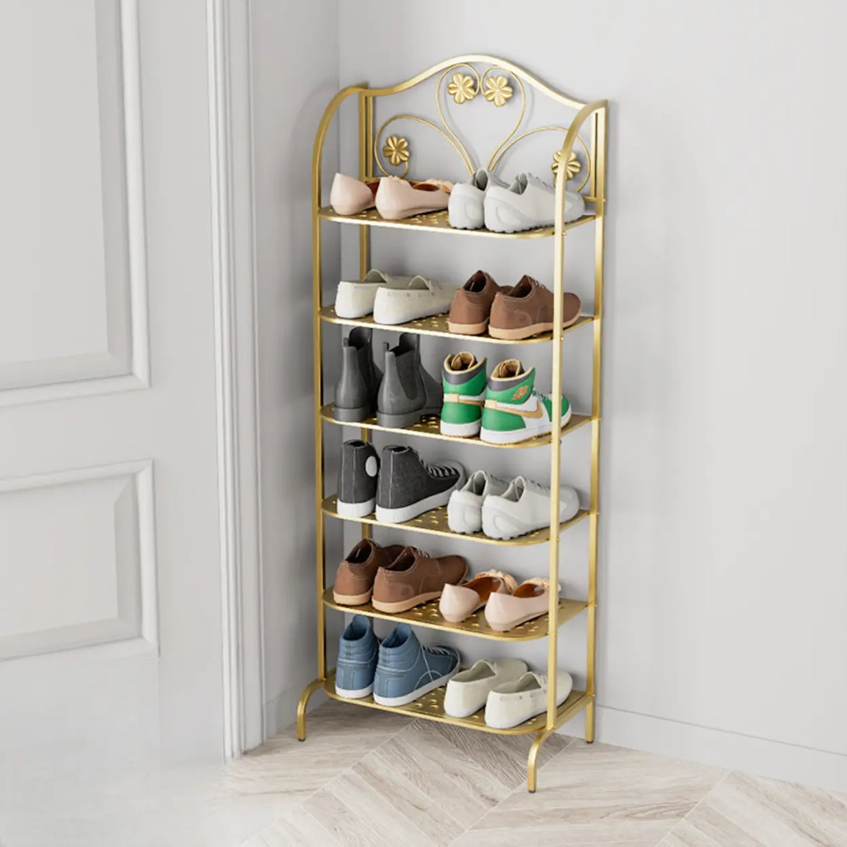 Elegant Gold Metal Floor Shoe Rack 4-Tier Storage Shelf Image - 6