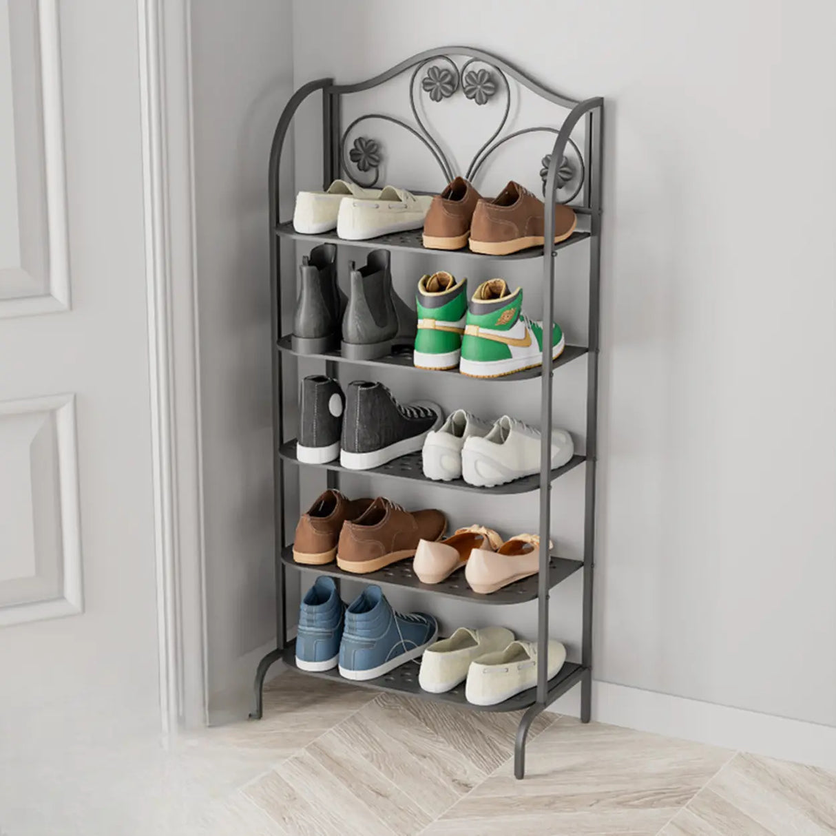 Elegant Gold Metal Floor Shoe Rack 4-Tier Storage Shelf Image - 7