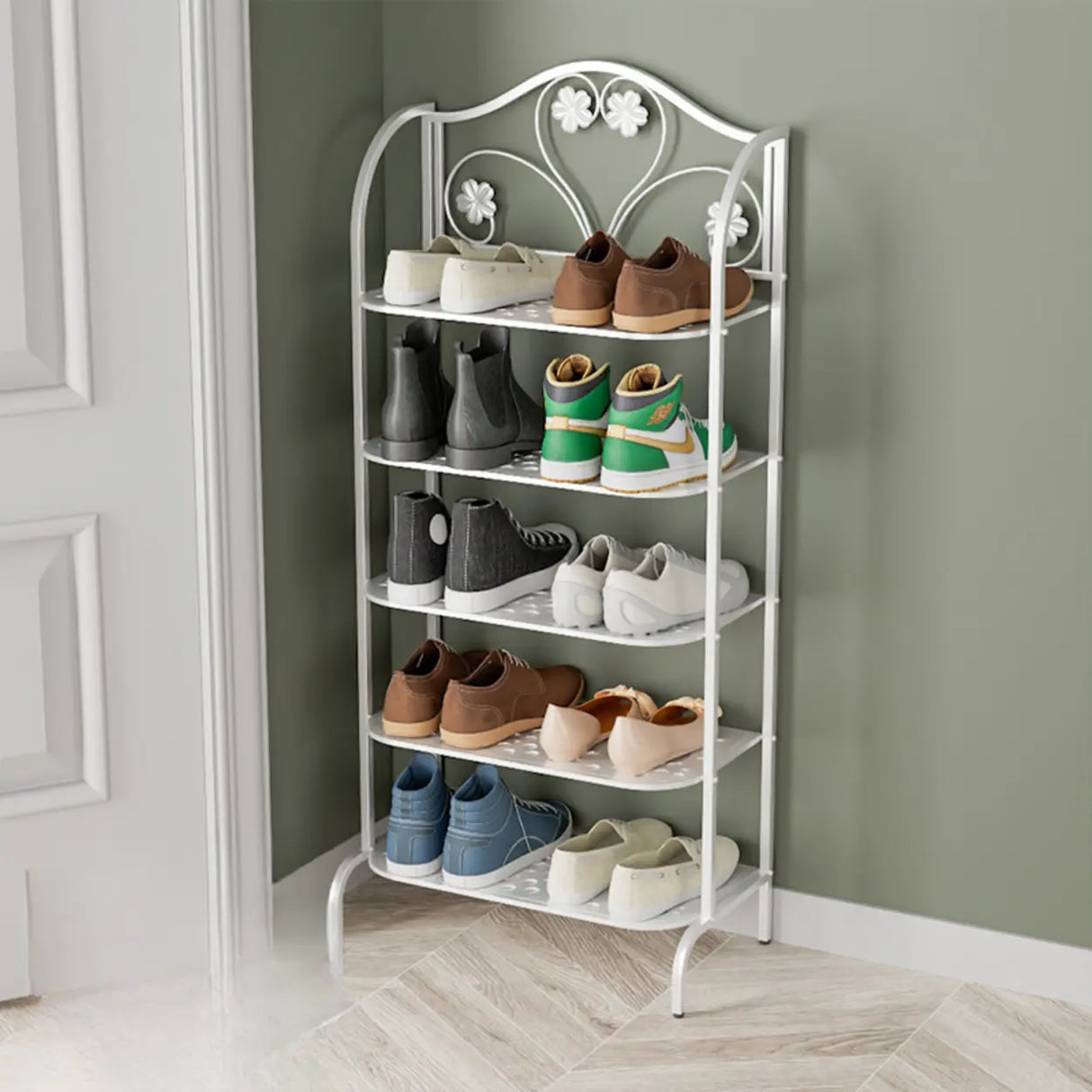 Elegant Gold Metal Floor Shoe Rack 4-Tier Storage Shelf Image - 9