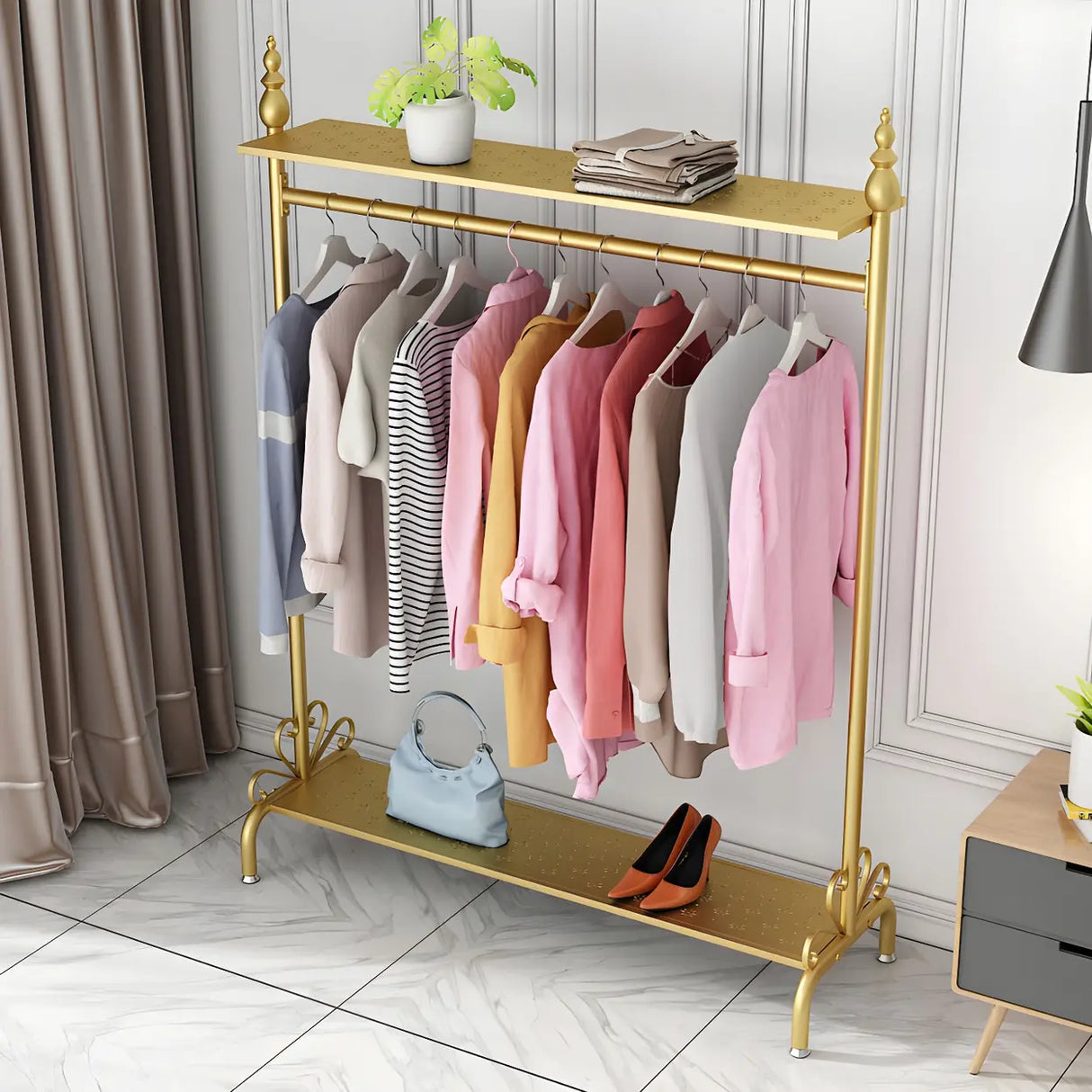 Elegant Gold Metal Freestanding Double Shelf Coat Rack Image - 1