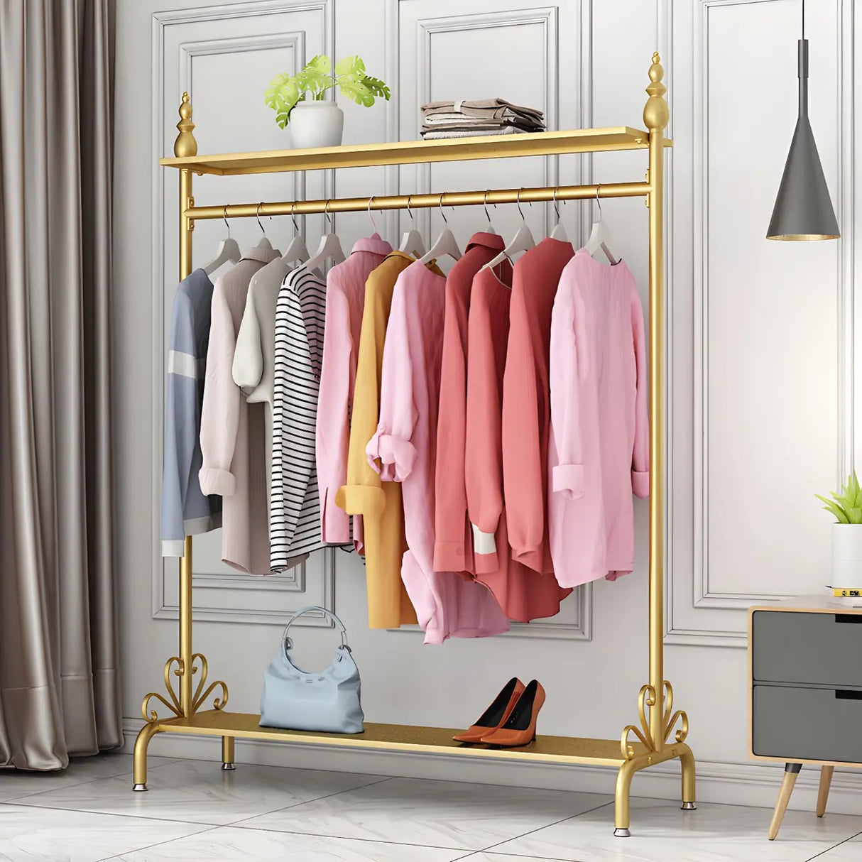 Elegant Gold Metal Freestanding Double Shelf Coat Rack Image - 11