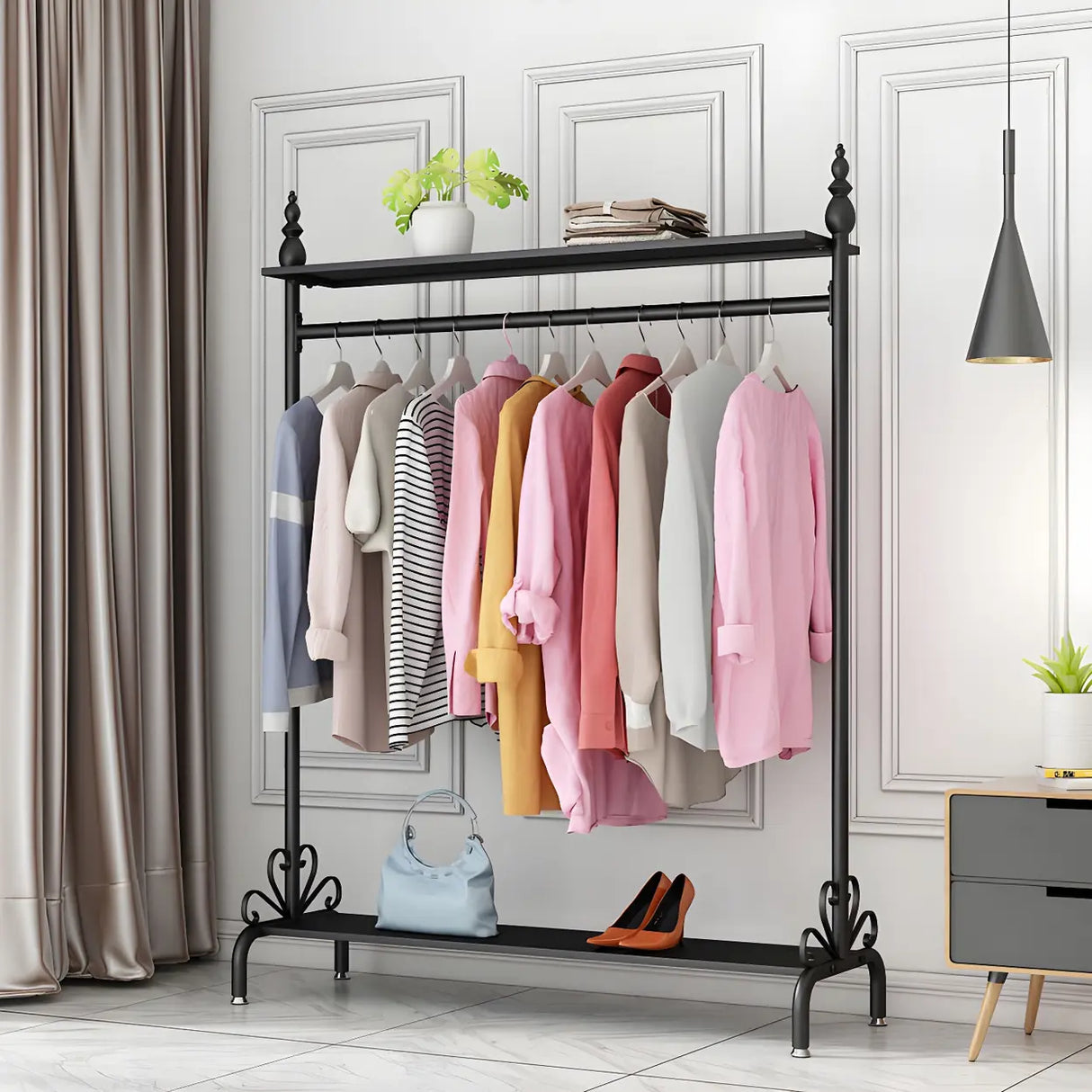 Elegant Gold Metal Freestanding Double Shelf Coat Rack Image - 2