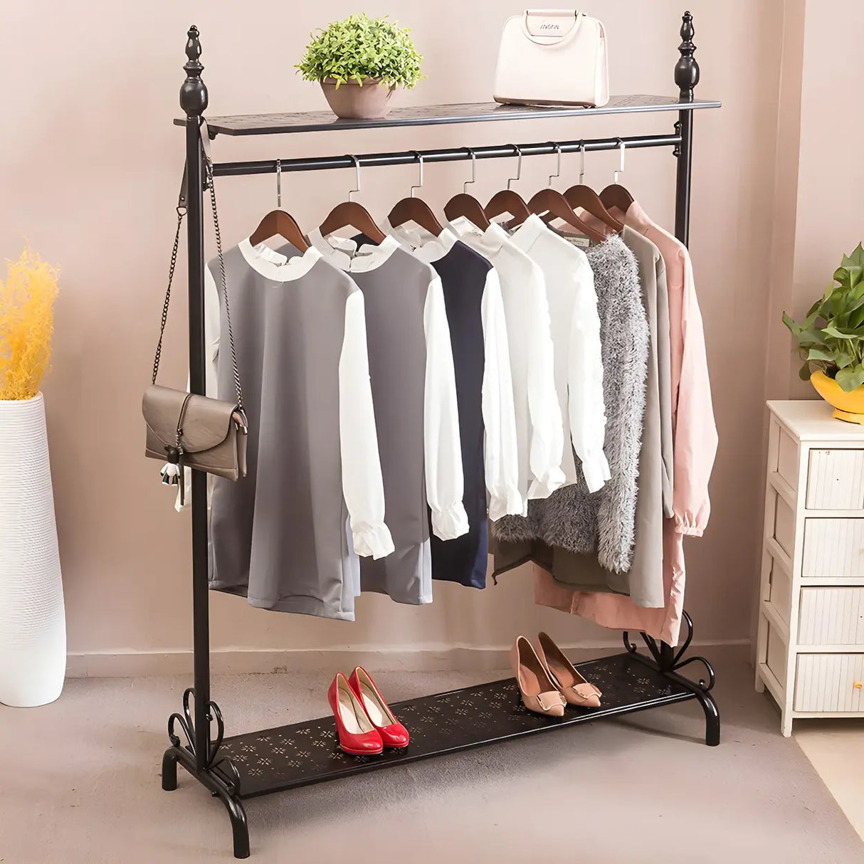 Elegant Gold Metal Freestanding Double Shelf Coat Rack Image - 4