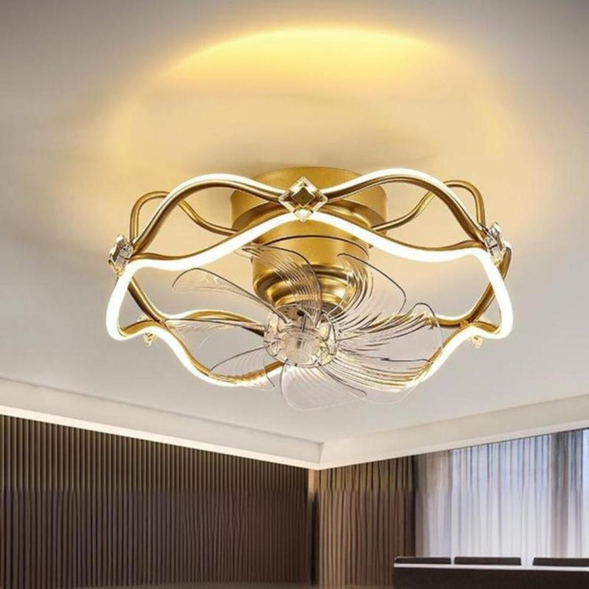Elegant Gold Round Vine Flush Ceiling Fan with Light Image - 1