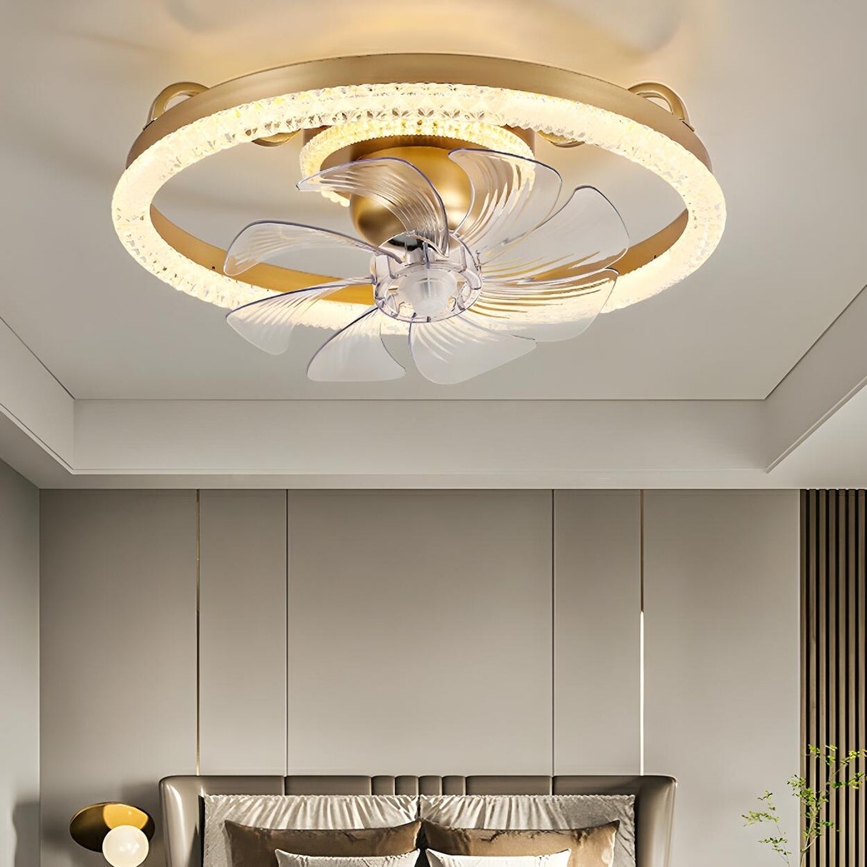 Elegant Gold Round Vine Flush Ceiling Fan with Light Image - 13