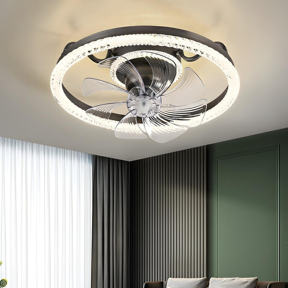 Elegant Gold Round Vine Flush Ceiling Fan with Light Image - 4