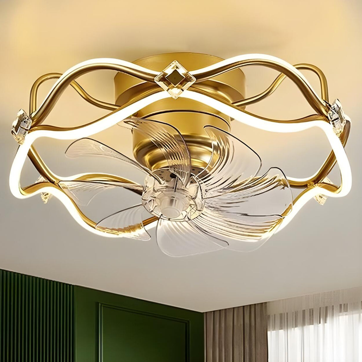 Elegant Gold Round Vine Flush Ceiling Fan with Light Image - 6