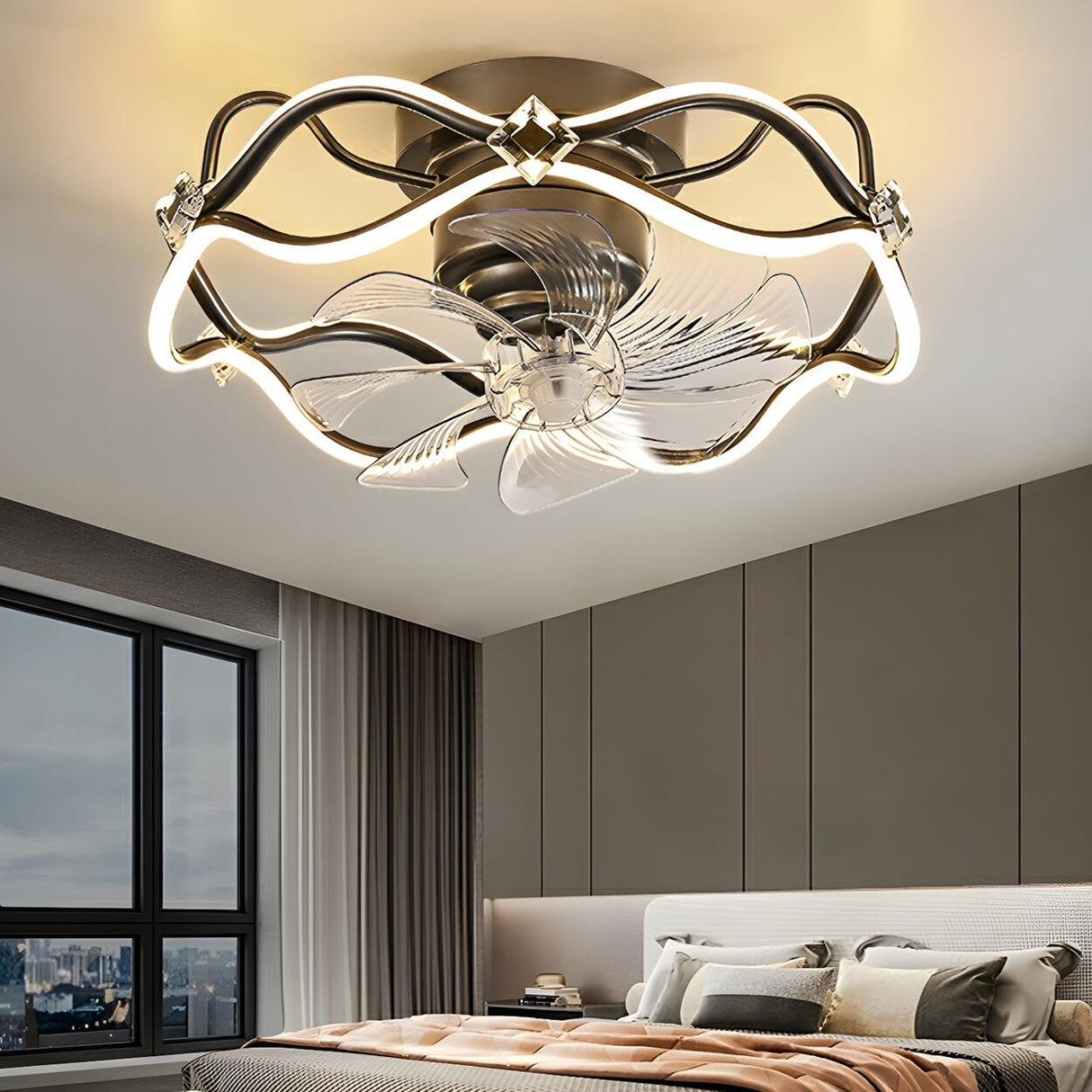 Elegant Gold Round Vine Flush Ceiling Fan with Light Image - 8
