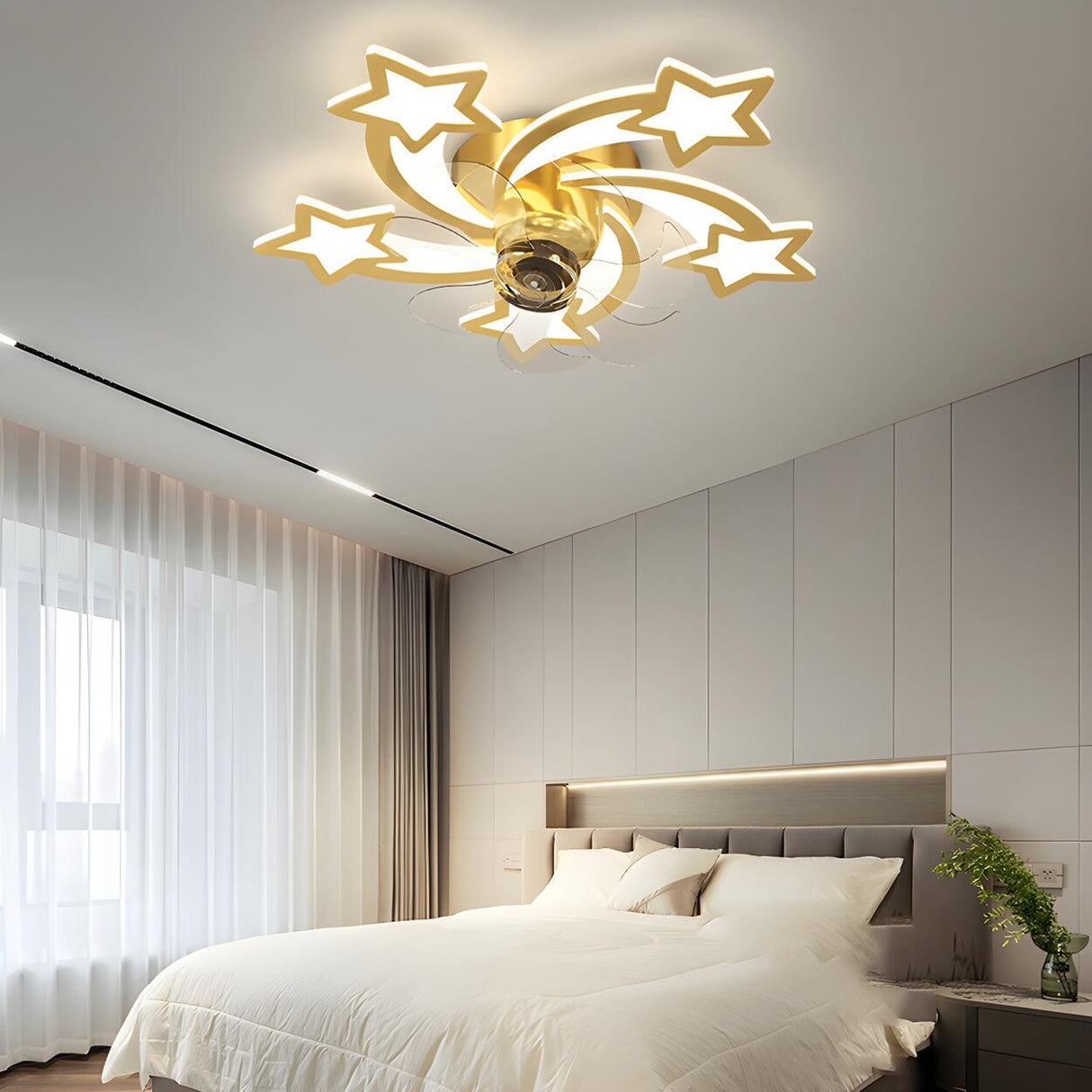 Elegant Gold Star LED Flush Ceiling Fan with Light Image - 1