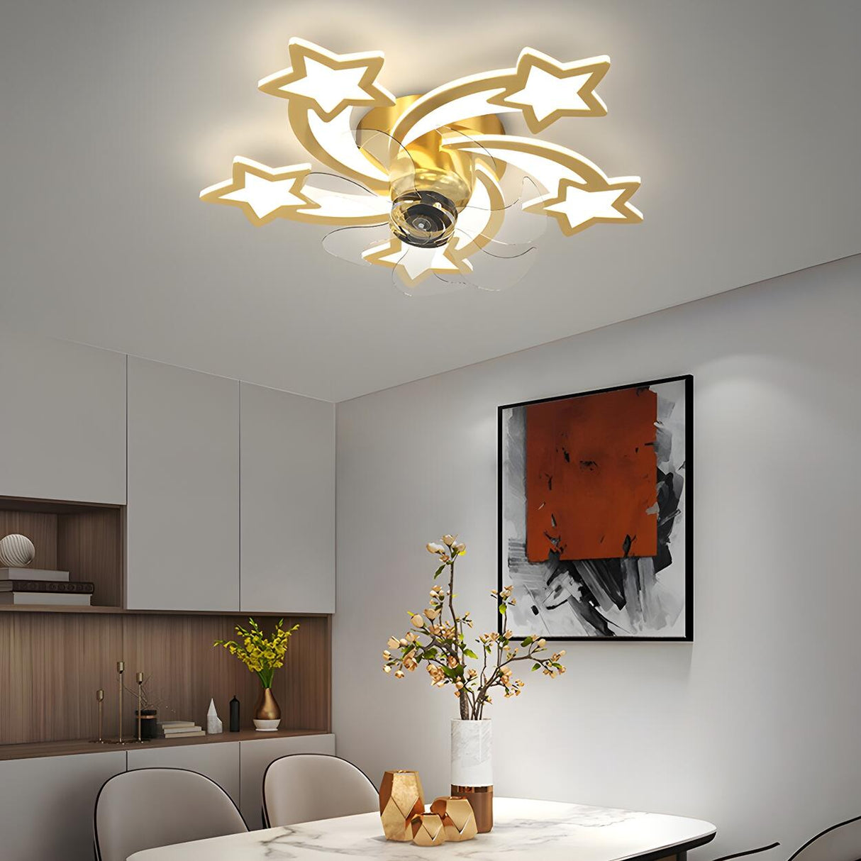 Elegant Gold Star LED Flush Ceiling Fan with Light Image - 14