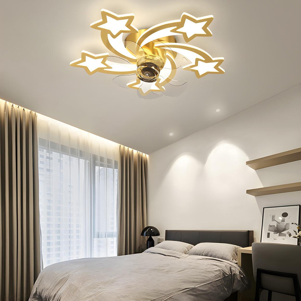 Elegant Gold Star LED Flush Ceiling Fan with Light Image - 15