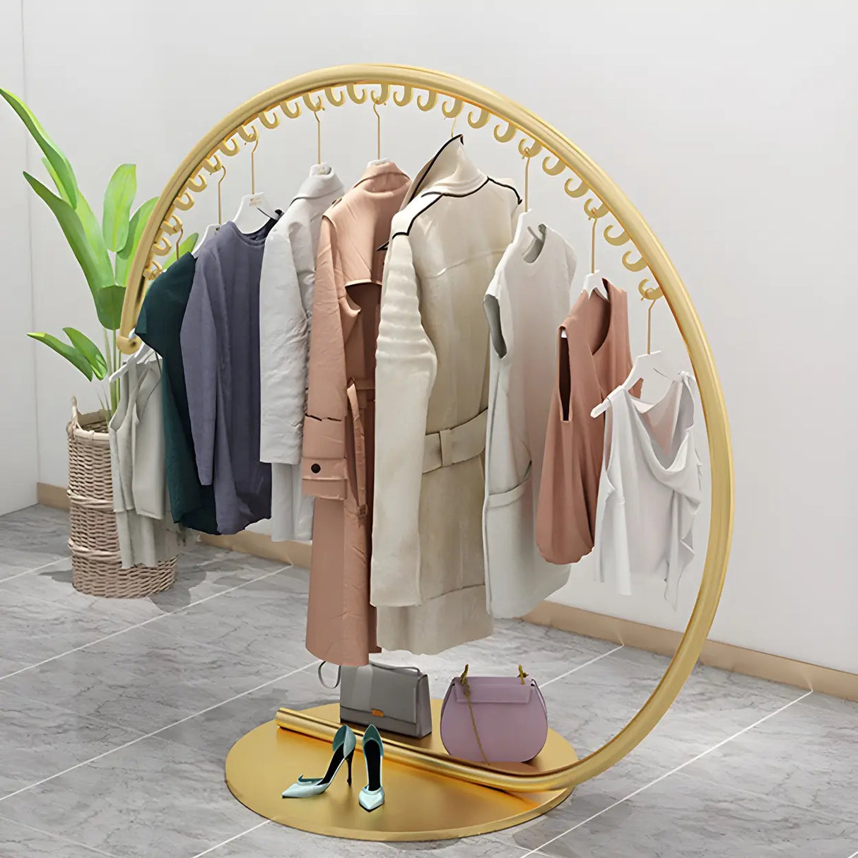 Elegant Golden Metal Arch Hooks Freestanding Coat Rack Image - 1