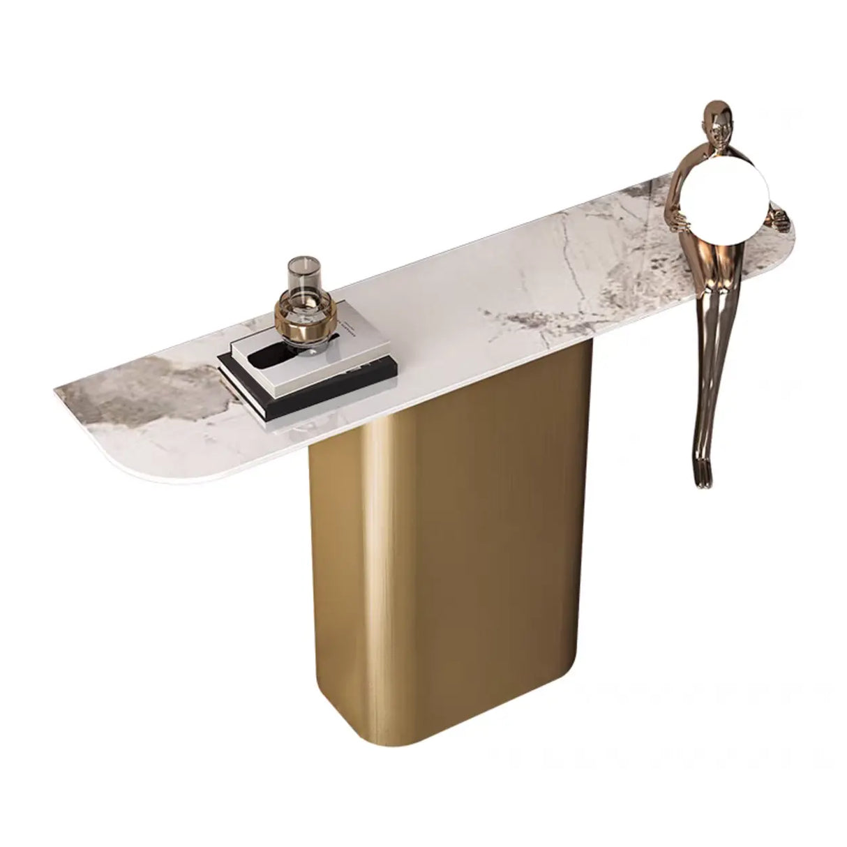 Elegant Half-circle Pedestal Stone Gold Base Console Table Image - 2