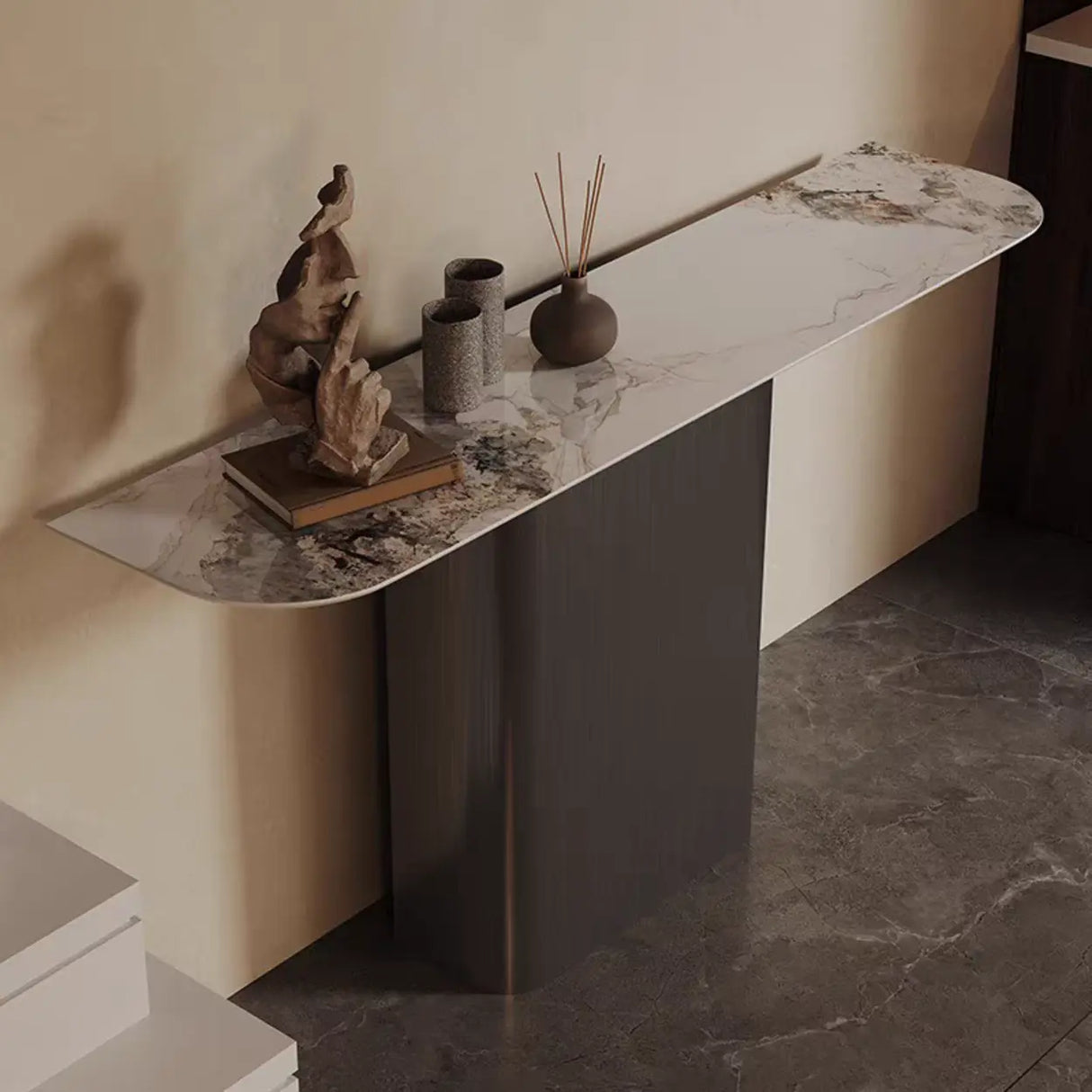 Elegant Half-circle Pedestal Stone Gold Base Console Table Image - 3