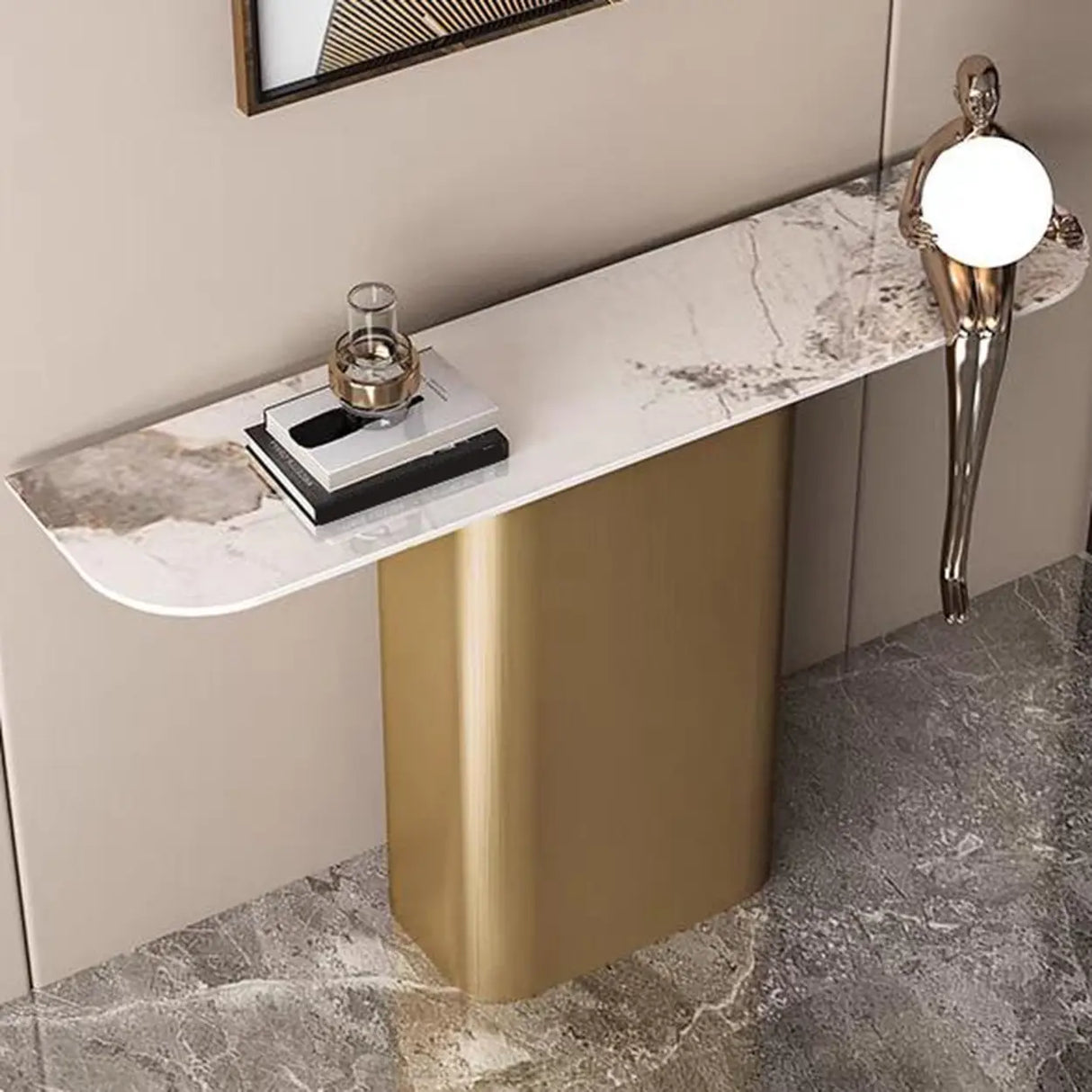Elegant Half-circle Pedestal Stone Gold Base Console Table Image - 4
