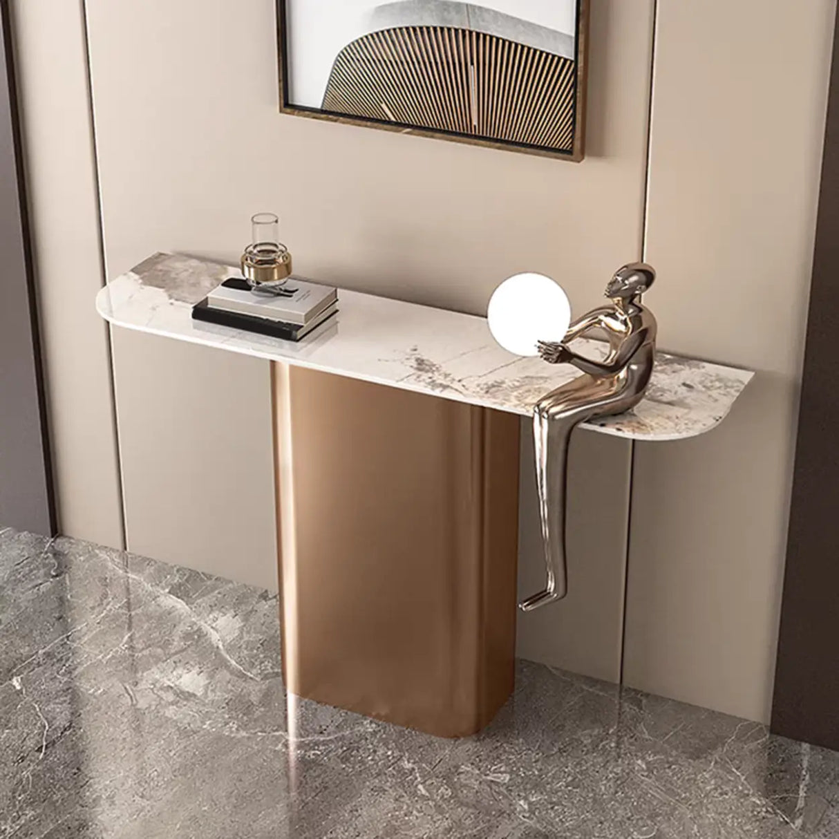 Elegant Half-circle Pedestal Stone Gold Base Console Table Image - 6