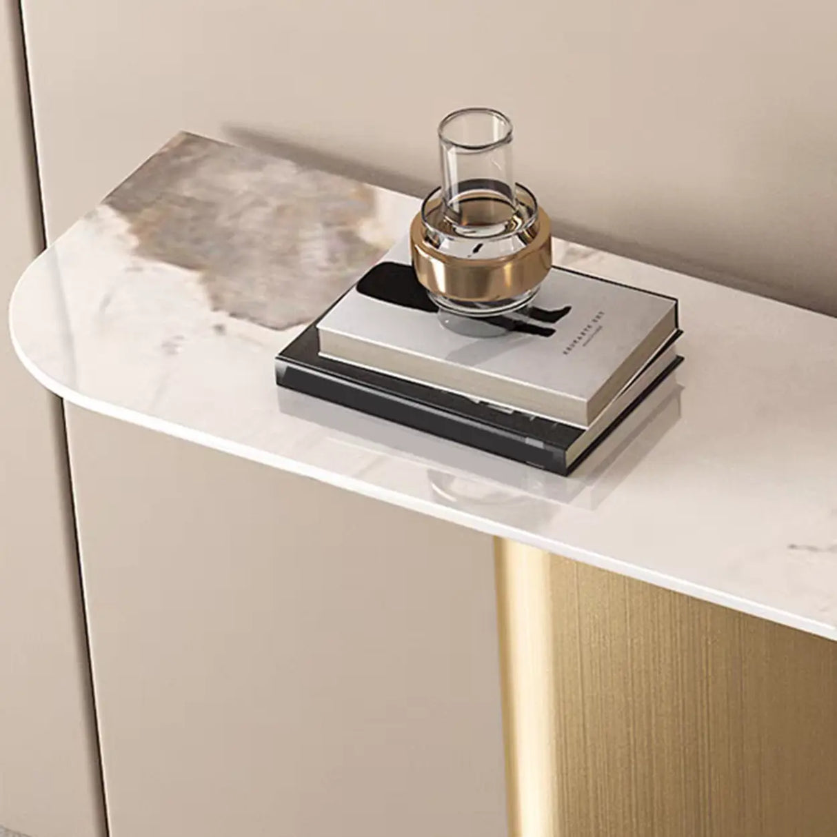 Elegant Half-circle Pedestal Stone Gold Base Console Table Image - 8