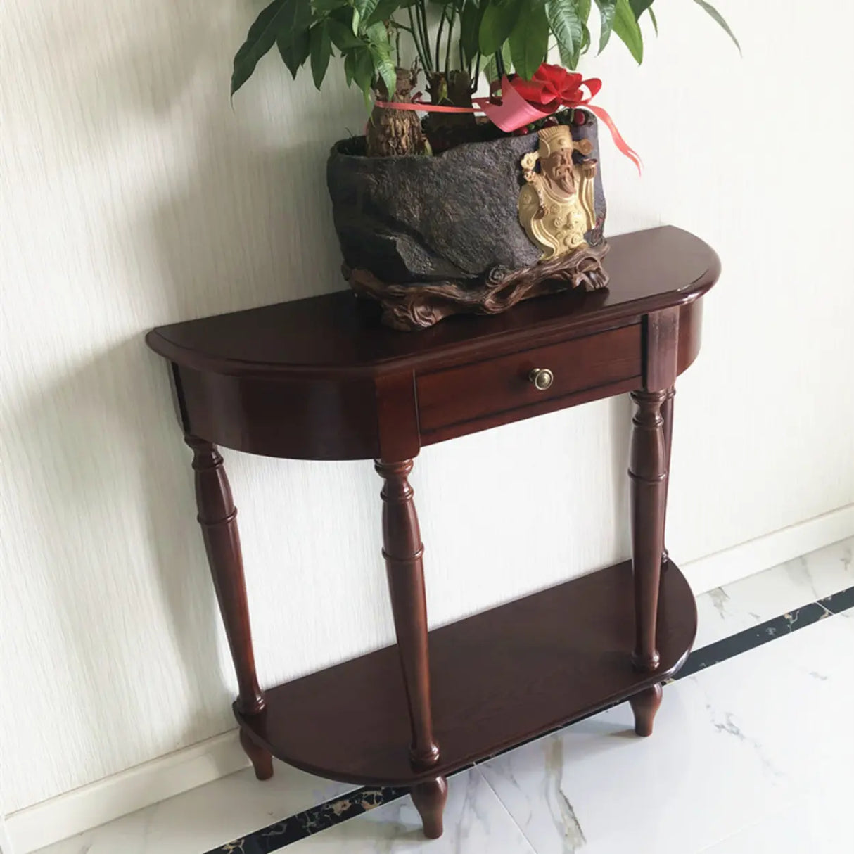 Elegant Half Moon Cherry Wood Storage Console Table Image - 1