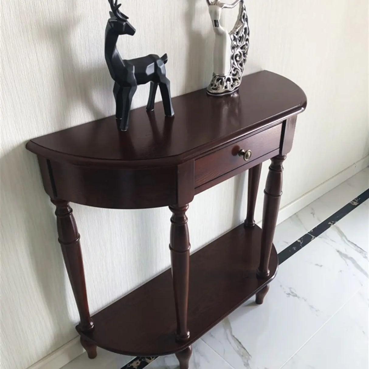 Elegant Half Moon Cherry Wood Storage Console Table Image - 2