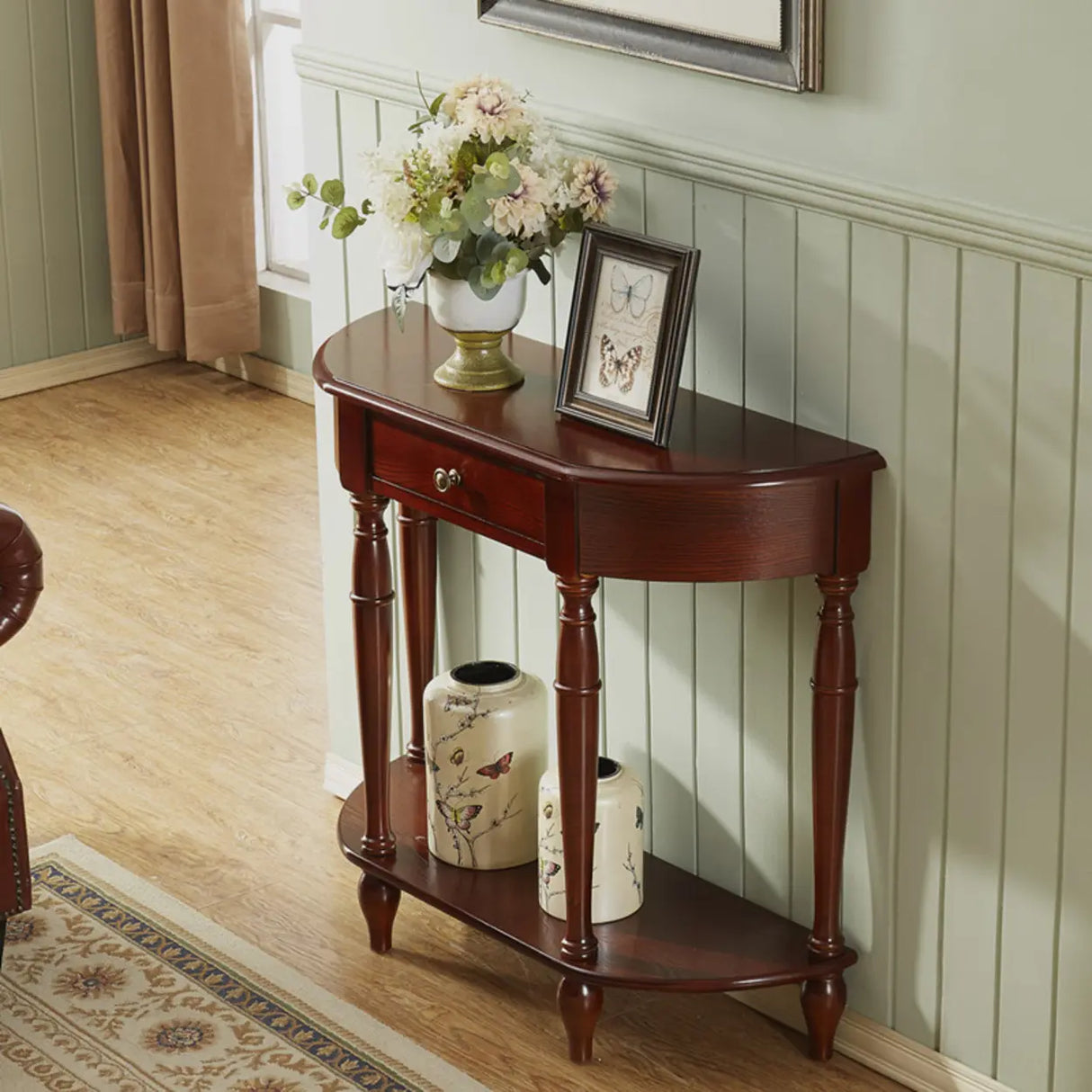 Elegant Half Moon Cherry Wood Storage Console Table Image - 3