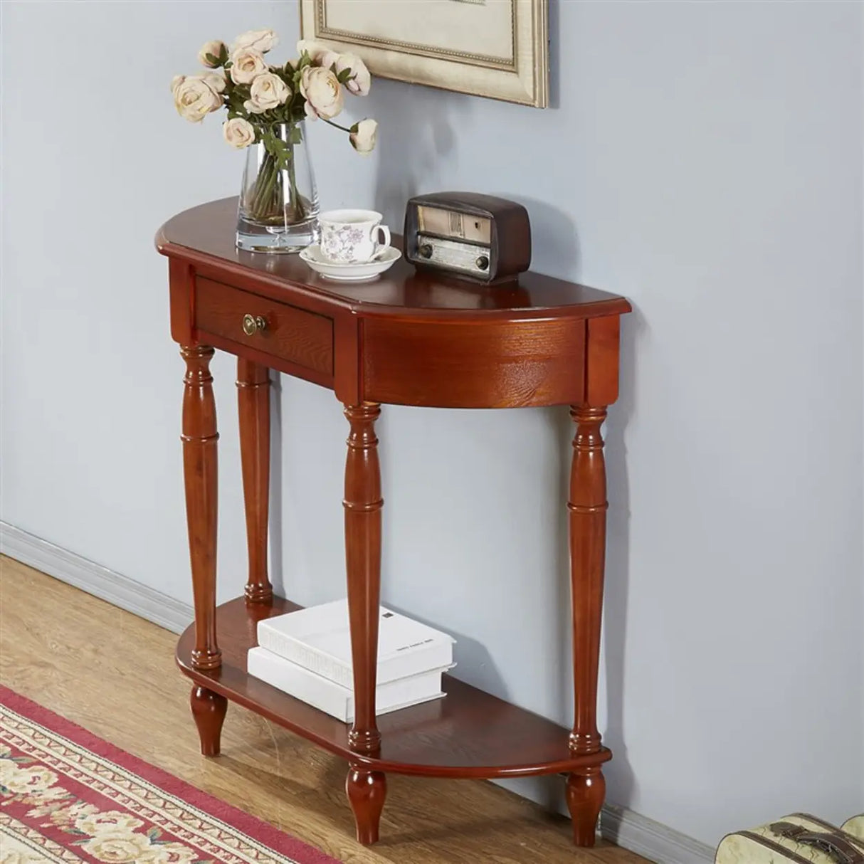 Elegant Half Moon Cherry Wood Storage Console Table Image - 7