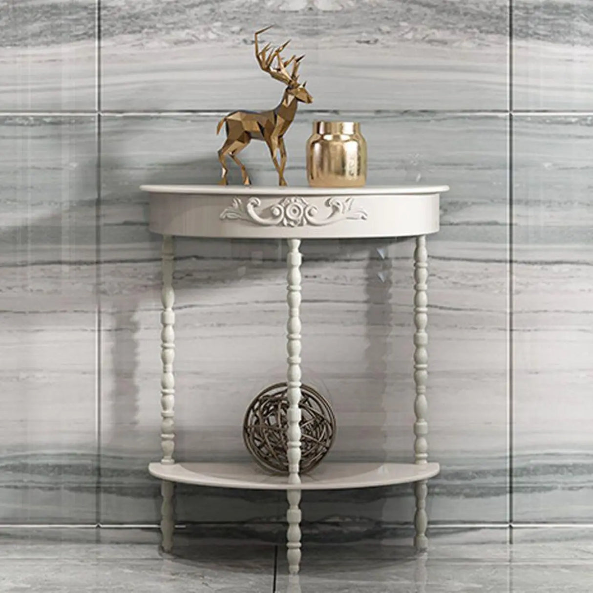 Elegant Half Moon White Wood Console Table with Shelves Image - 1