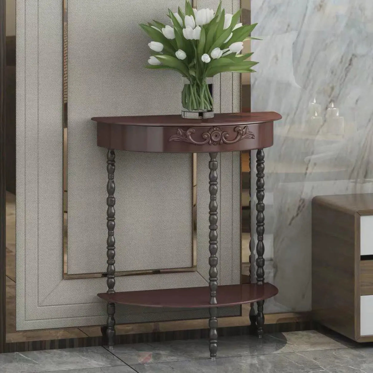 Elegant Half Moon White Wood Console Table with Shelves Image - 2