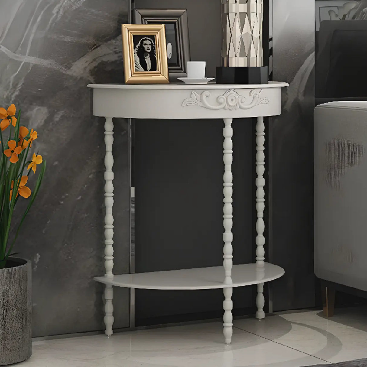 Elegant Half Moon White Wood Console Table with Shelves Image - 3