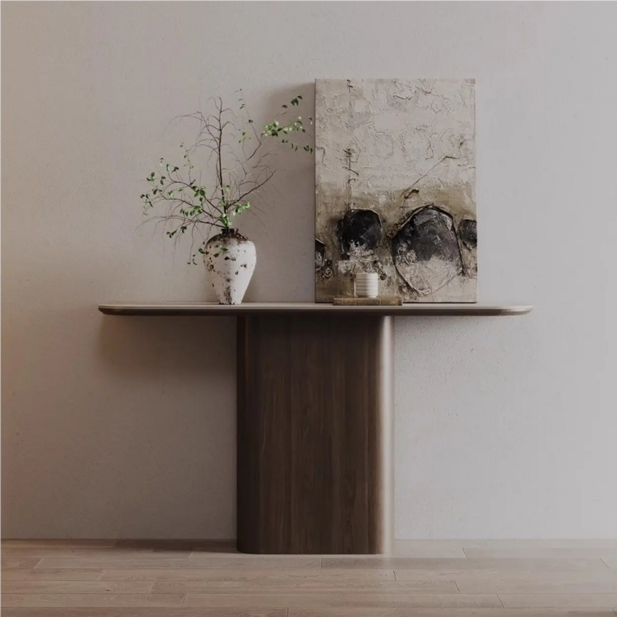 Elegant Half Moon Wood Pedestal Base Console Table Image - 1