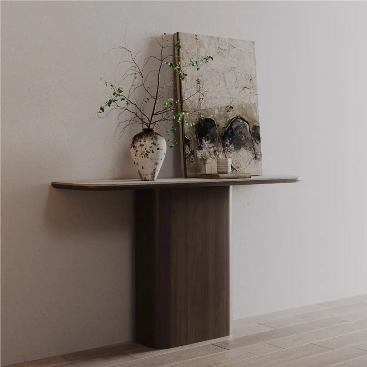 Elegant Half Moon Wood Pedestal Base Console Table Image - 3