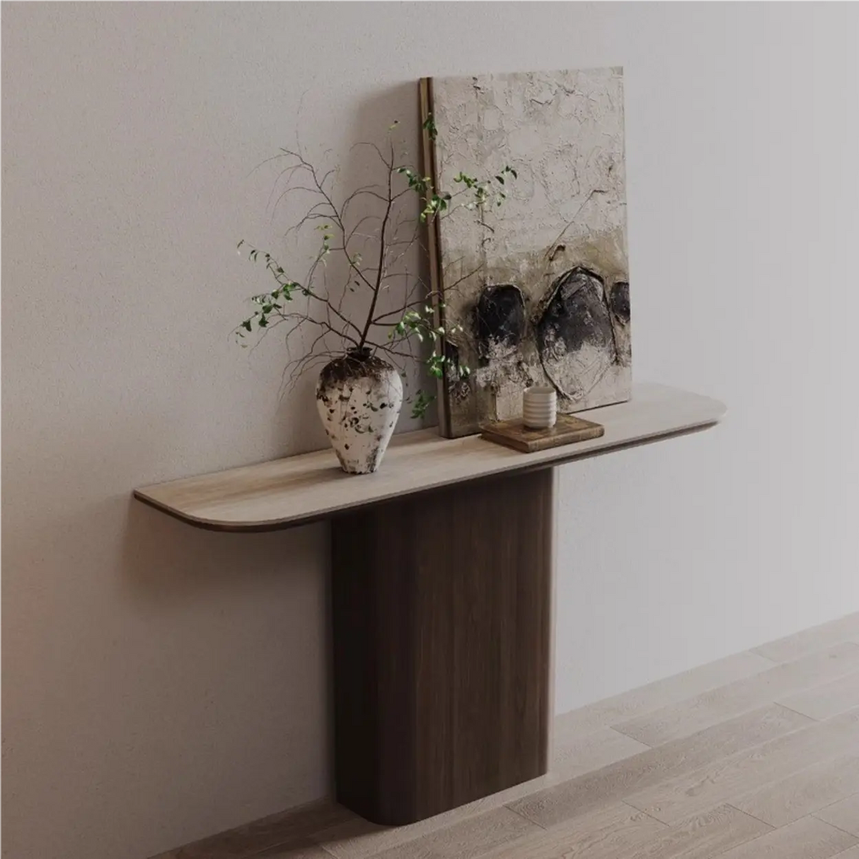 Elegant Half Moon Wood Pedestal Base Console Table Image - 4