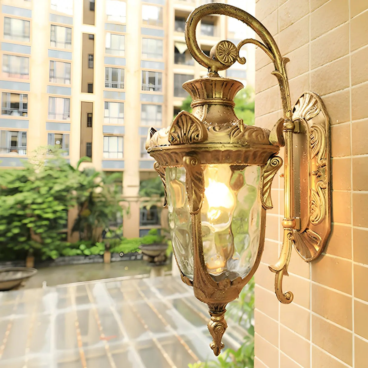 Elegant Lantern Bronze Glass Outdoor LED Wall Lamp Image - 10