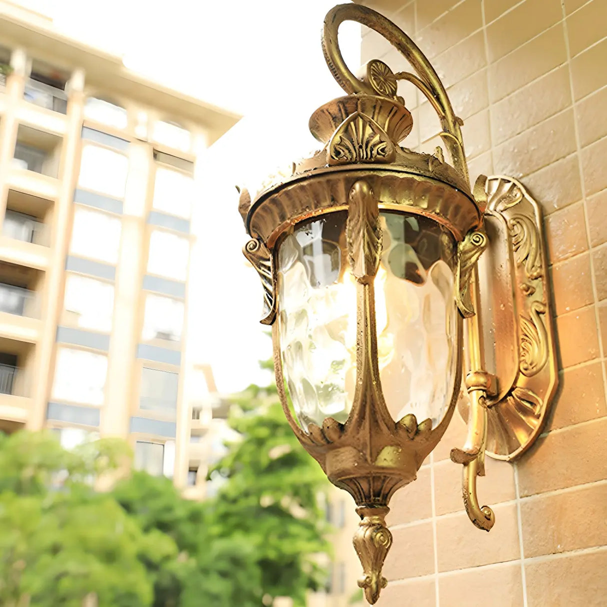 Elegant Lantern Bronze Glass Outdoor LED Wall Lamp Image - 9