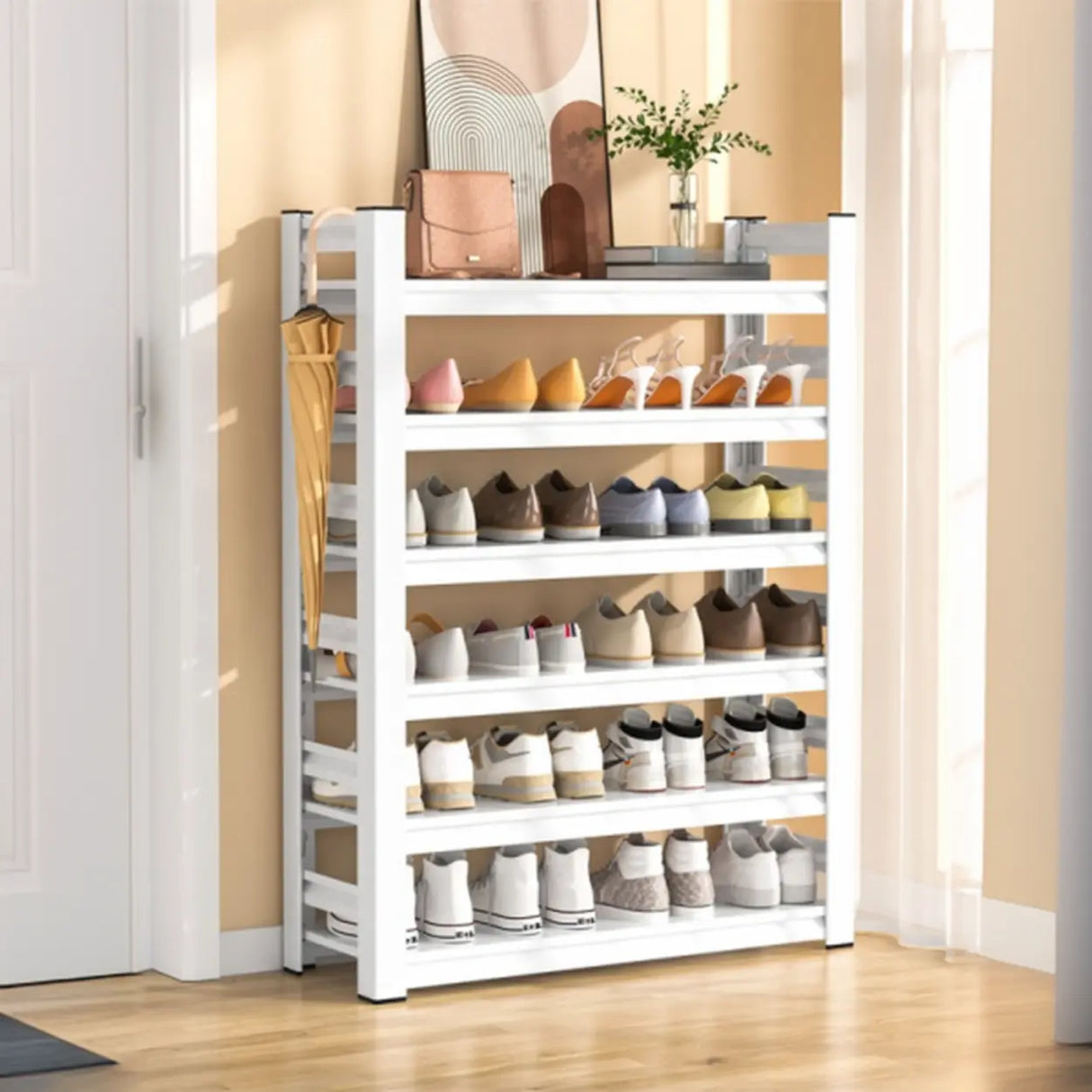 Elegant Layered Mint Green Metal Shoe Storage Rack Entryway Image - 10