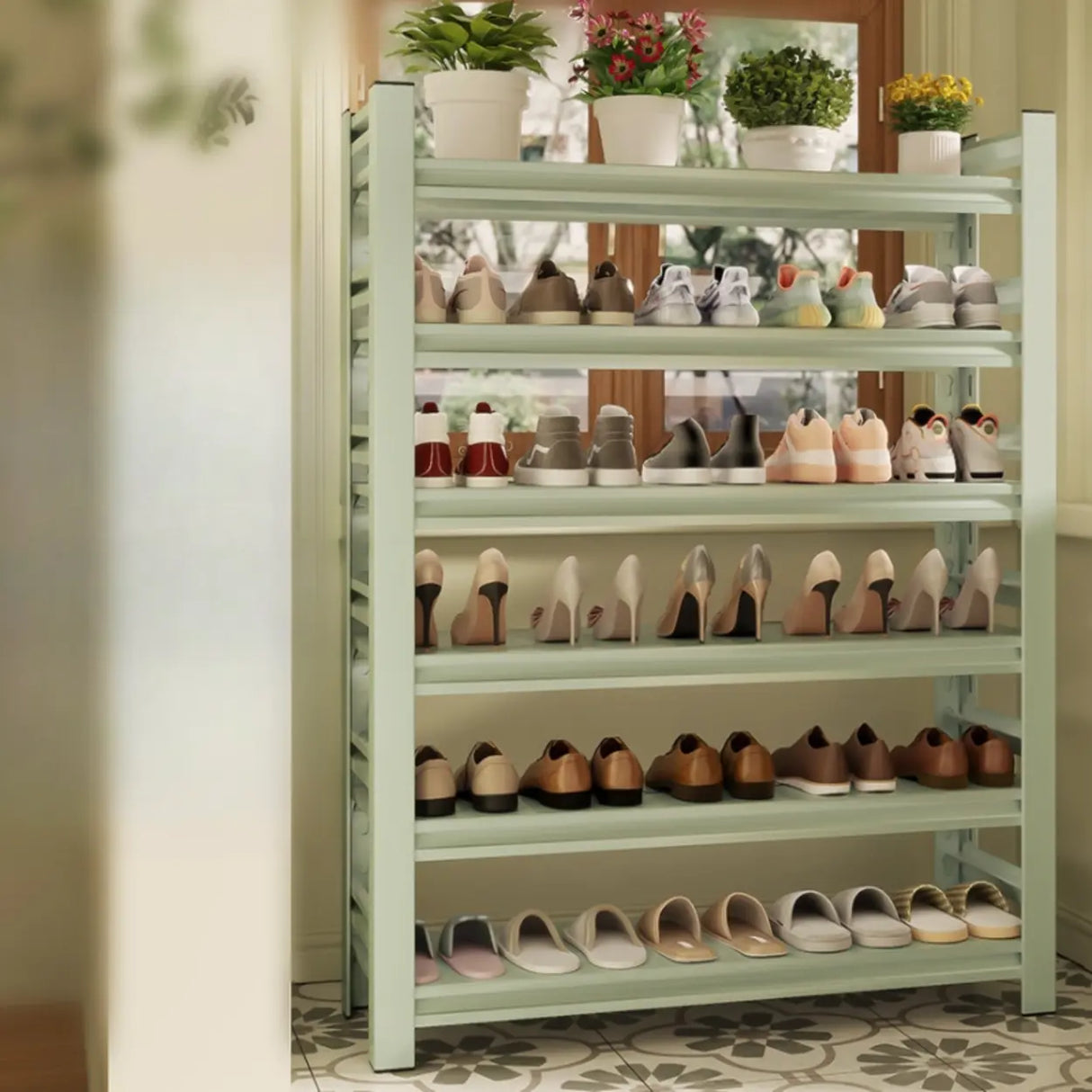 Elegant Layered Mint Green Metal Shoe Storage Rack Entryway Image - 13