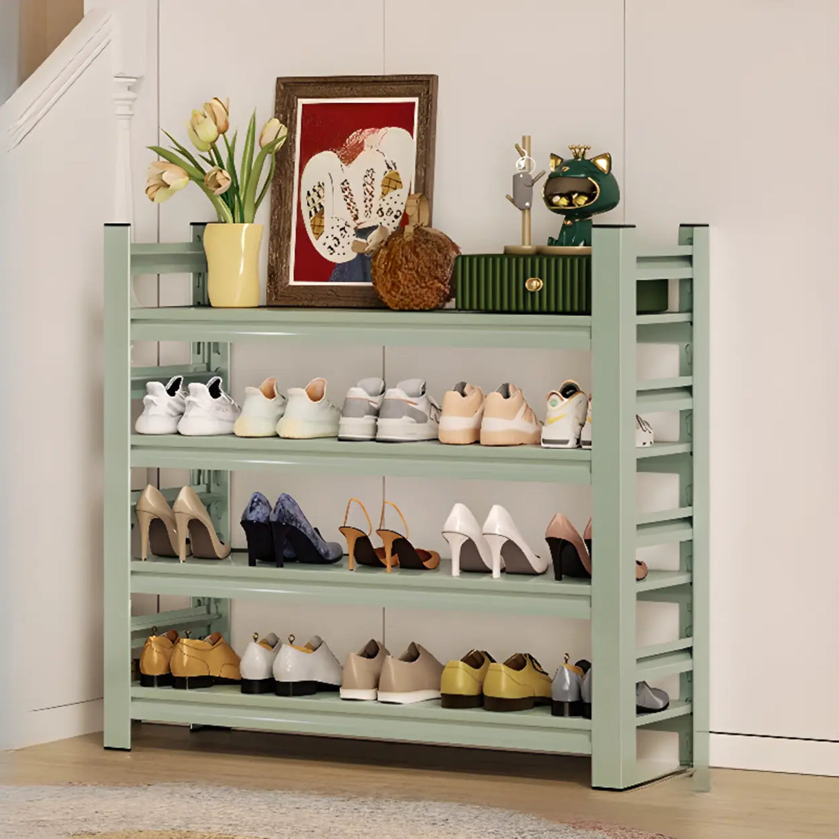 Elegant Layered Mint Green Metal Shoe Storage Rack Entryway Image - 7